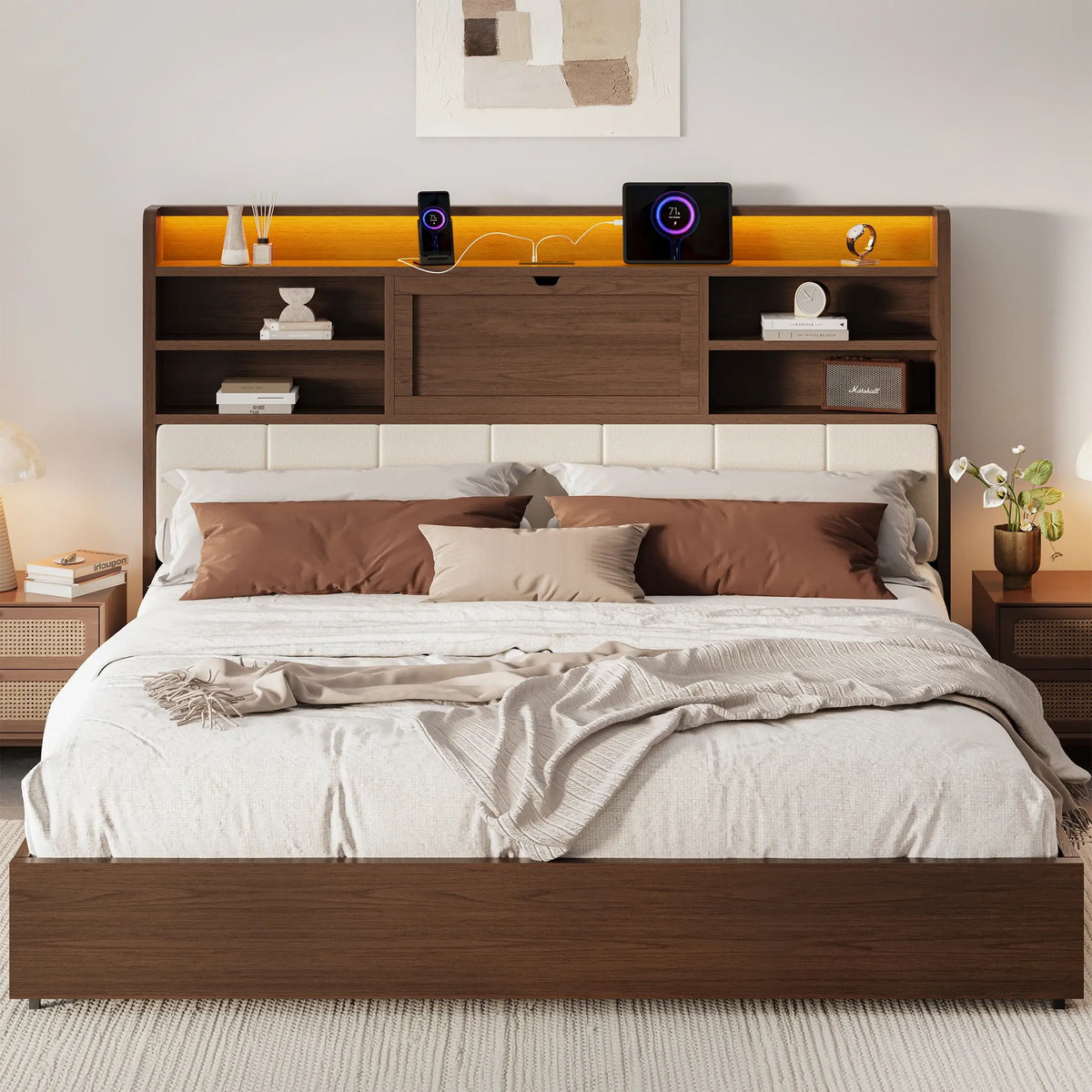 Boho Rattan Storage Bookcase Bed Frame