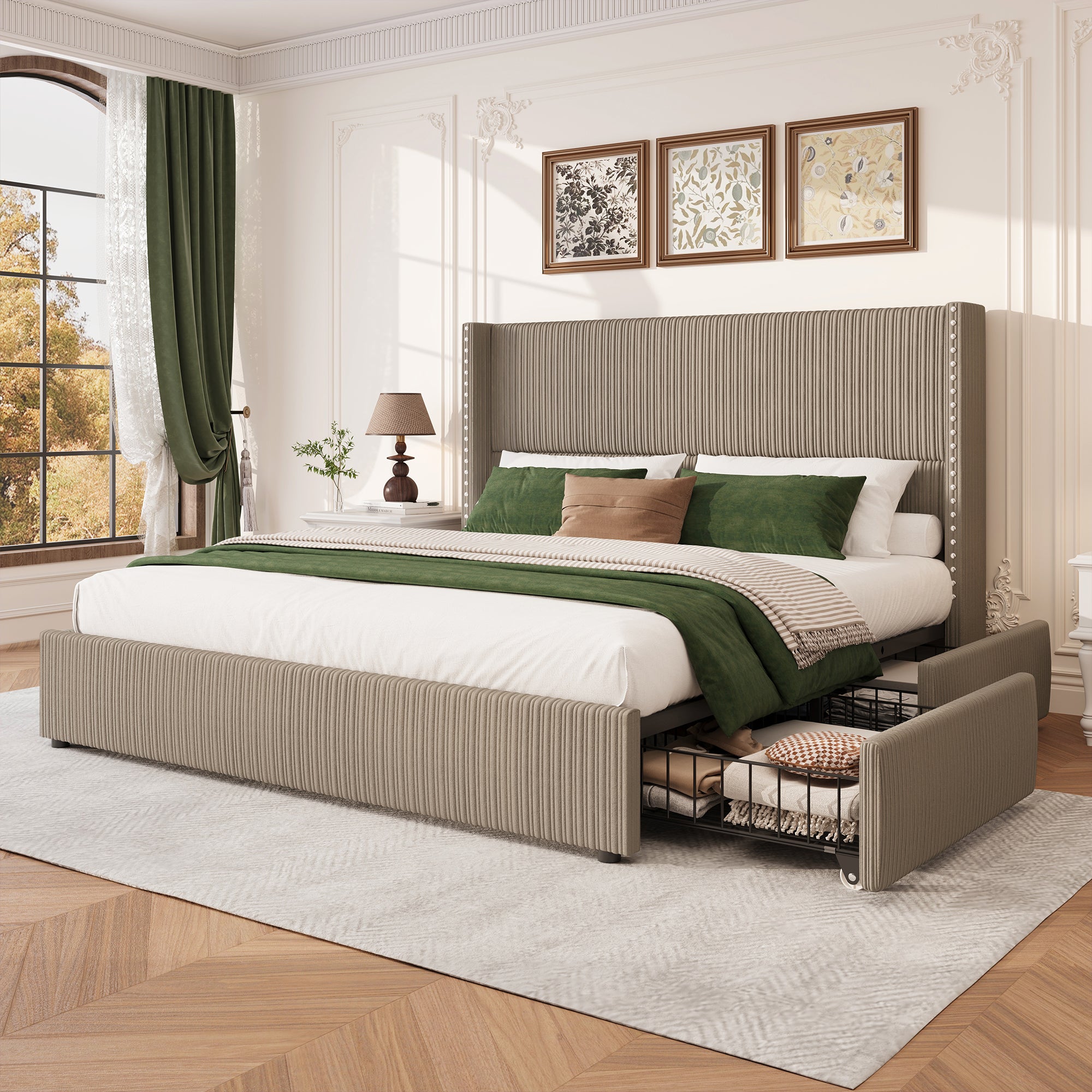 Elysia Upholstered Storage Bed Frame,with Nailhead Trim and 48" Tall Wingback Headboard Brown