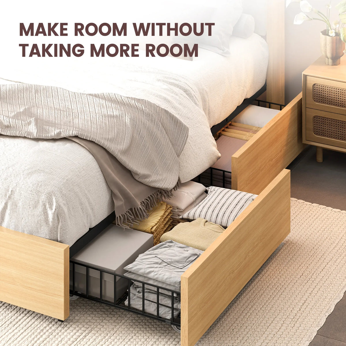 Boho Rattan Storage Bookcase Bed Frame