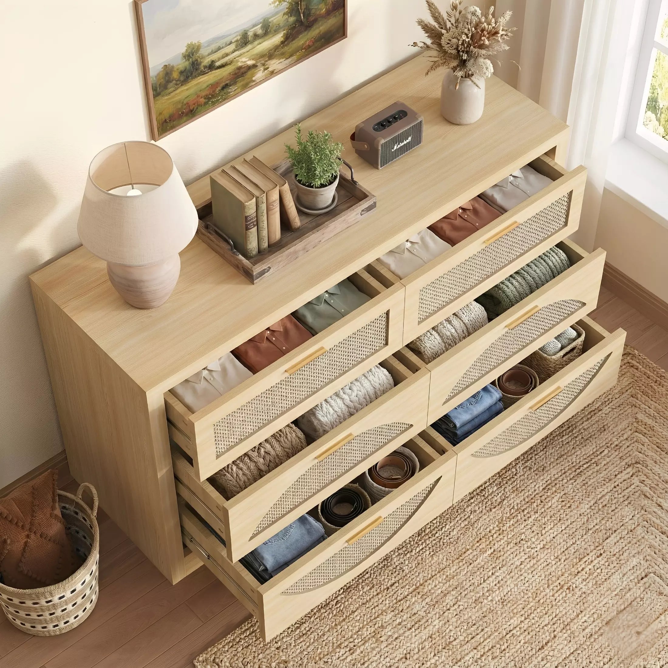 Arched Boho Rattan 6 Drawer Dressers Oak / Walnut