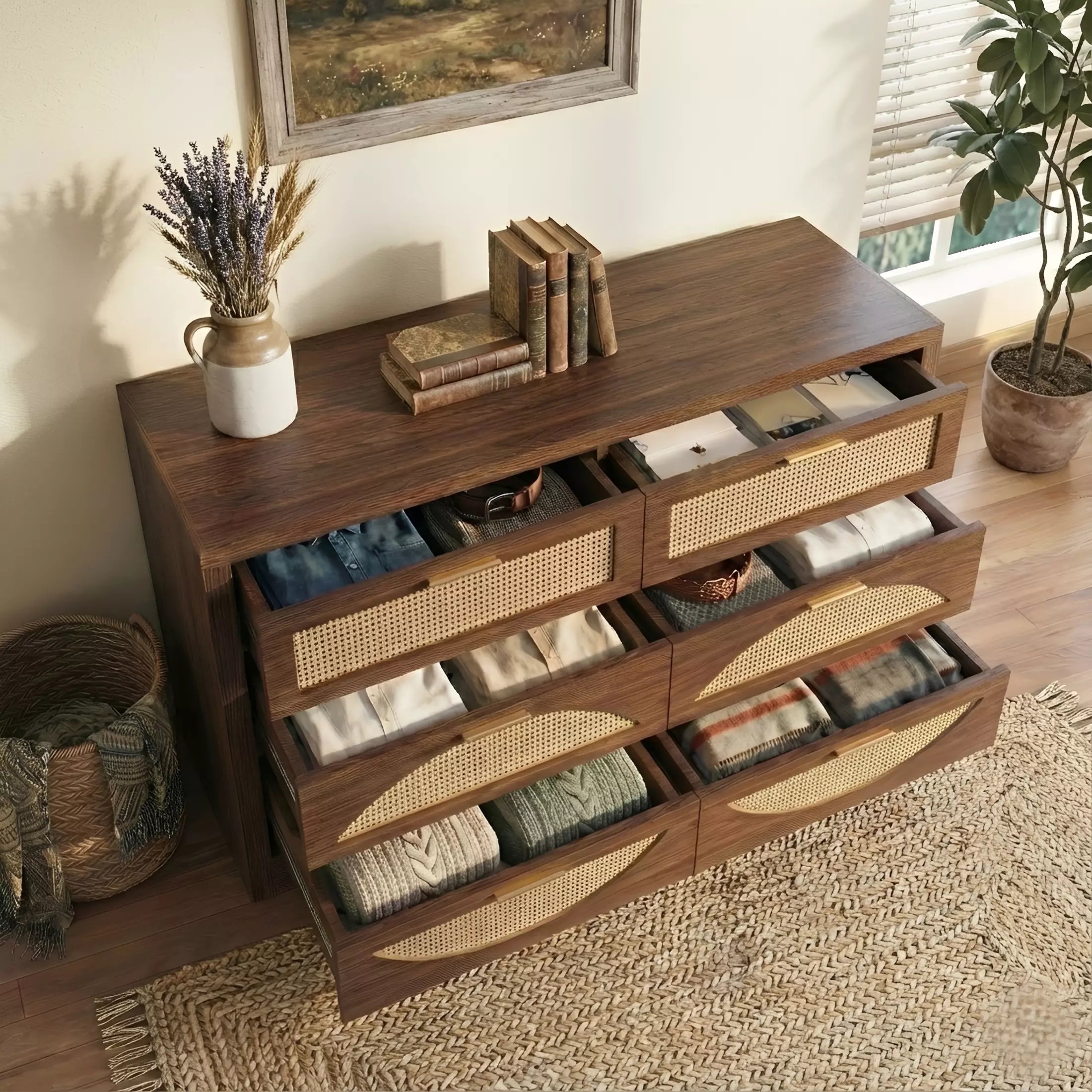 Arched Boho Rattan 6 Drawer Dressers Oak / Walnut