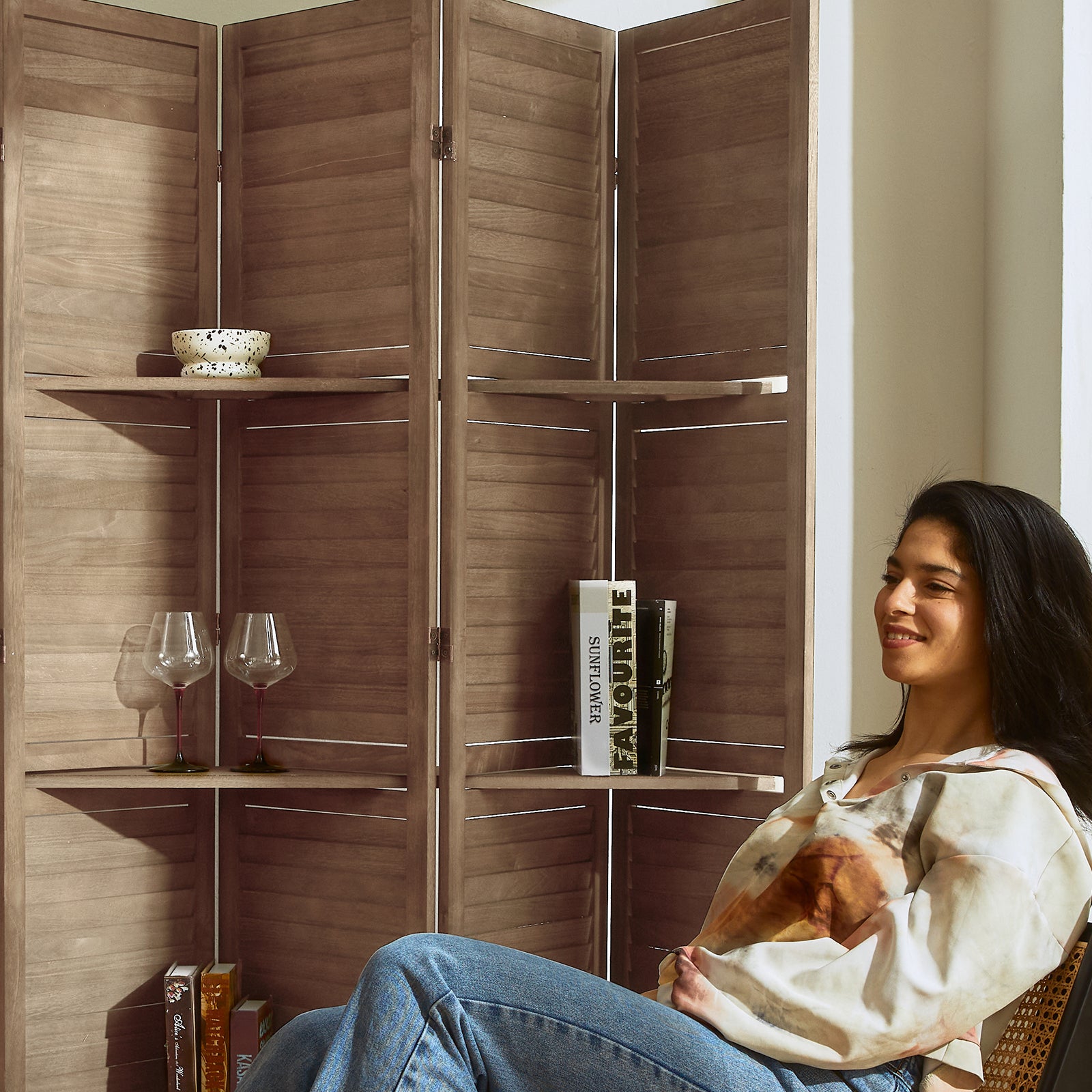 SYLO 5.6ft Folding Wood Room Divider with Shelves