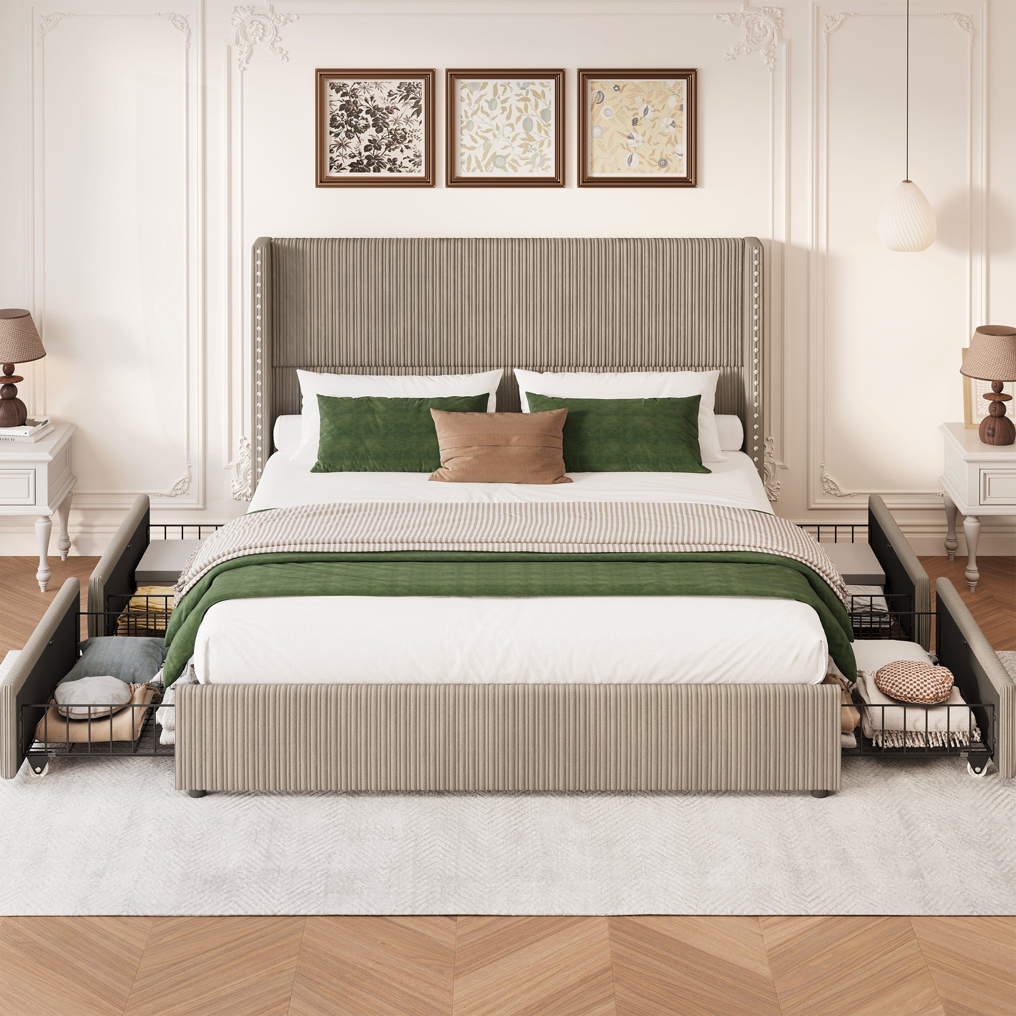 Elysia Upholstered Storage Bed Frame,with Nailhead Trim and 48" Tall Wingback Headboard