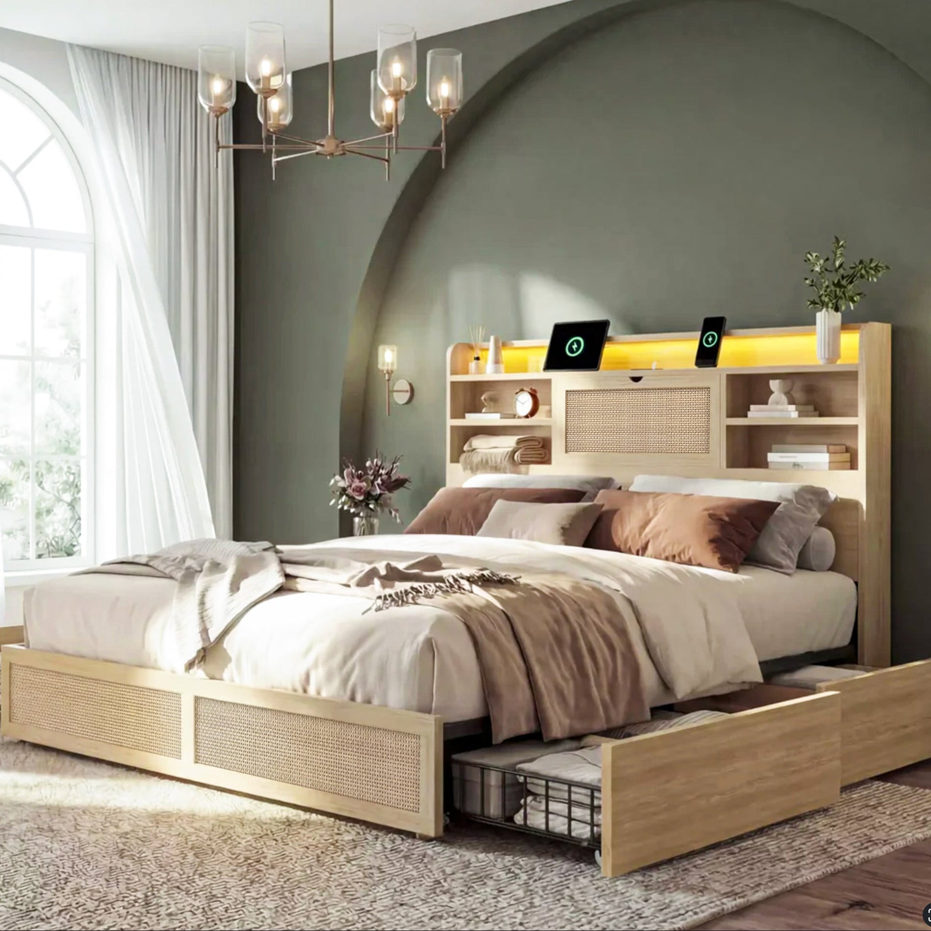 Modern bedroom with a wooden bed and shelves against a gray wall.