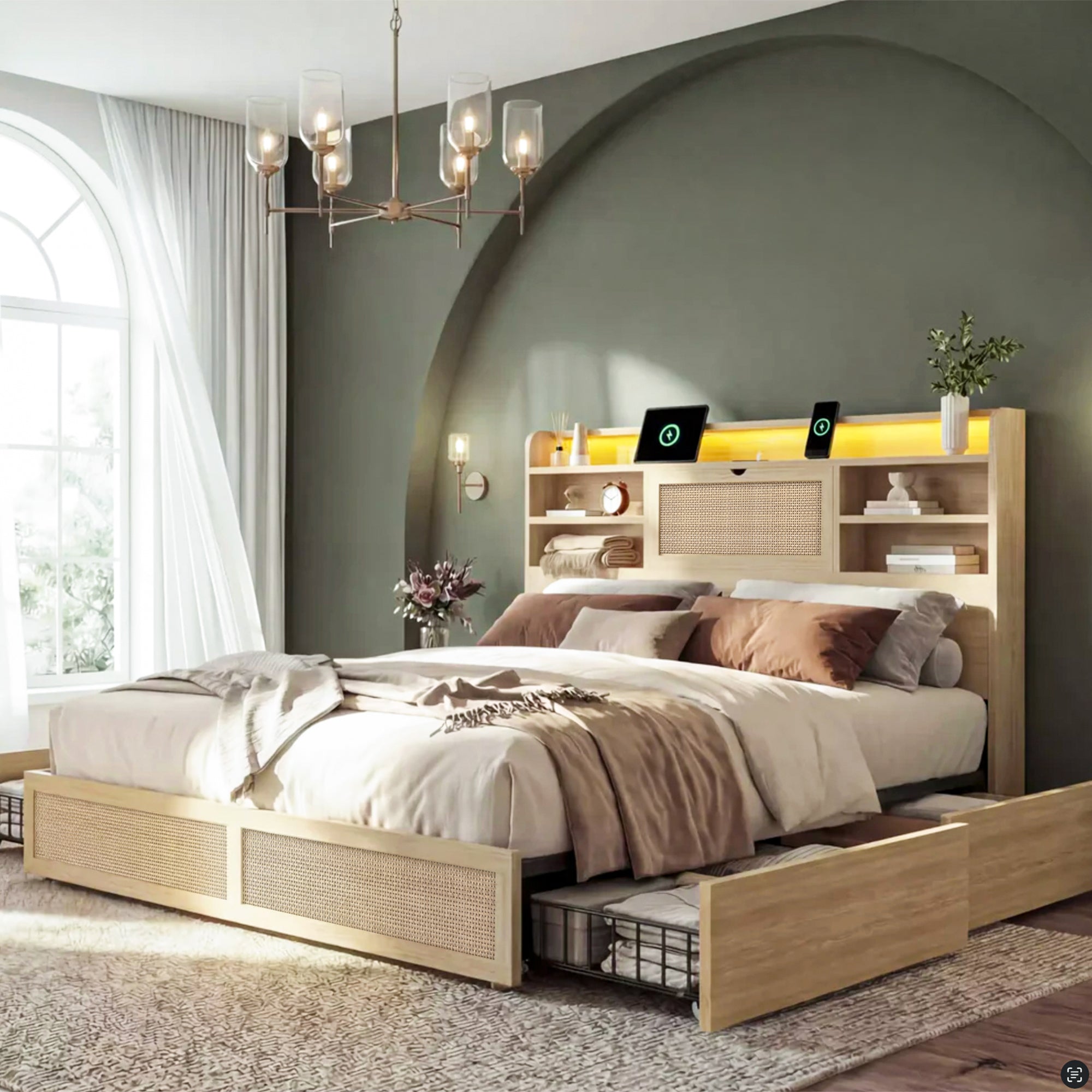 Boho Chic Rattan Storage Bookcase Bed Frame