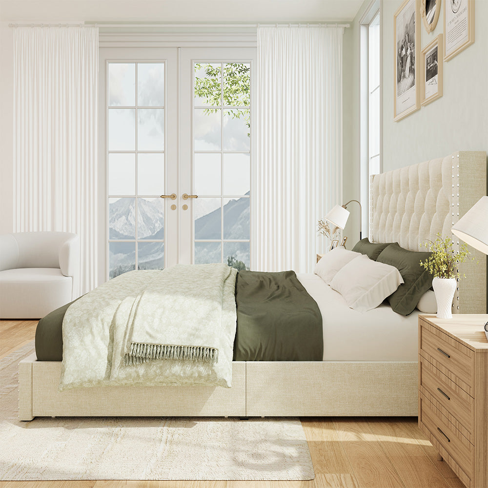 Larmace Upholstered Bed Frame with Storage Linen Platform Tufted Bed Frame with 4 Drawers and Headboard, Wood Slats Support, No Box Spring