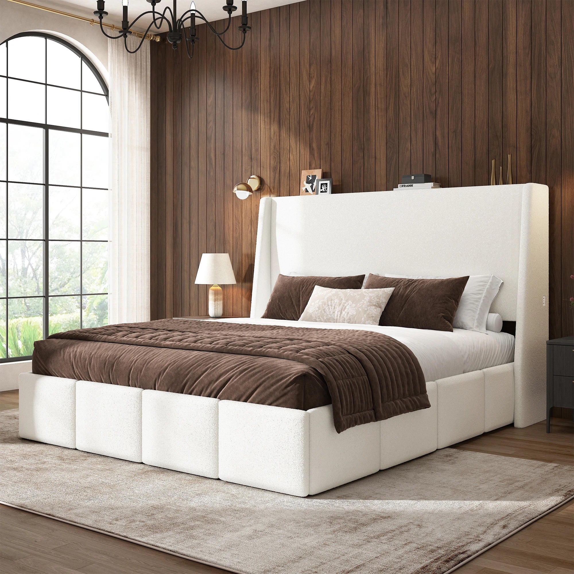 ZENO 54" Tall Bouclé Bed Frame with Built-in Power Station