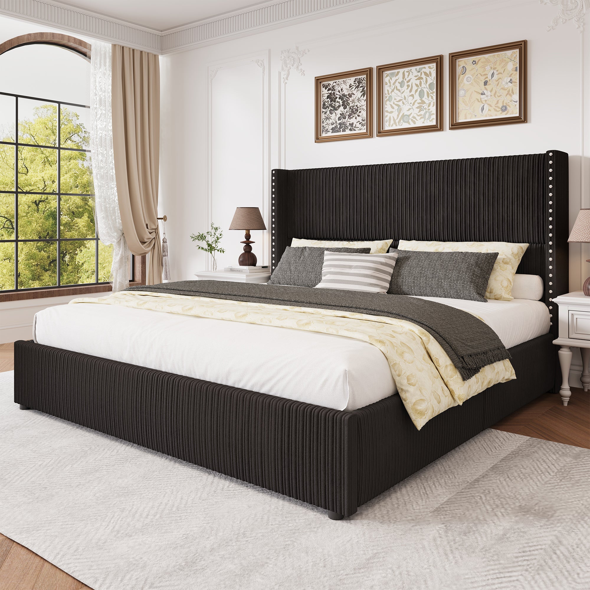 Elysia Upholstered Storage Bed Frame,with Nailhead Trim and 48" Tall Wingback Headboard