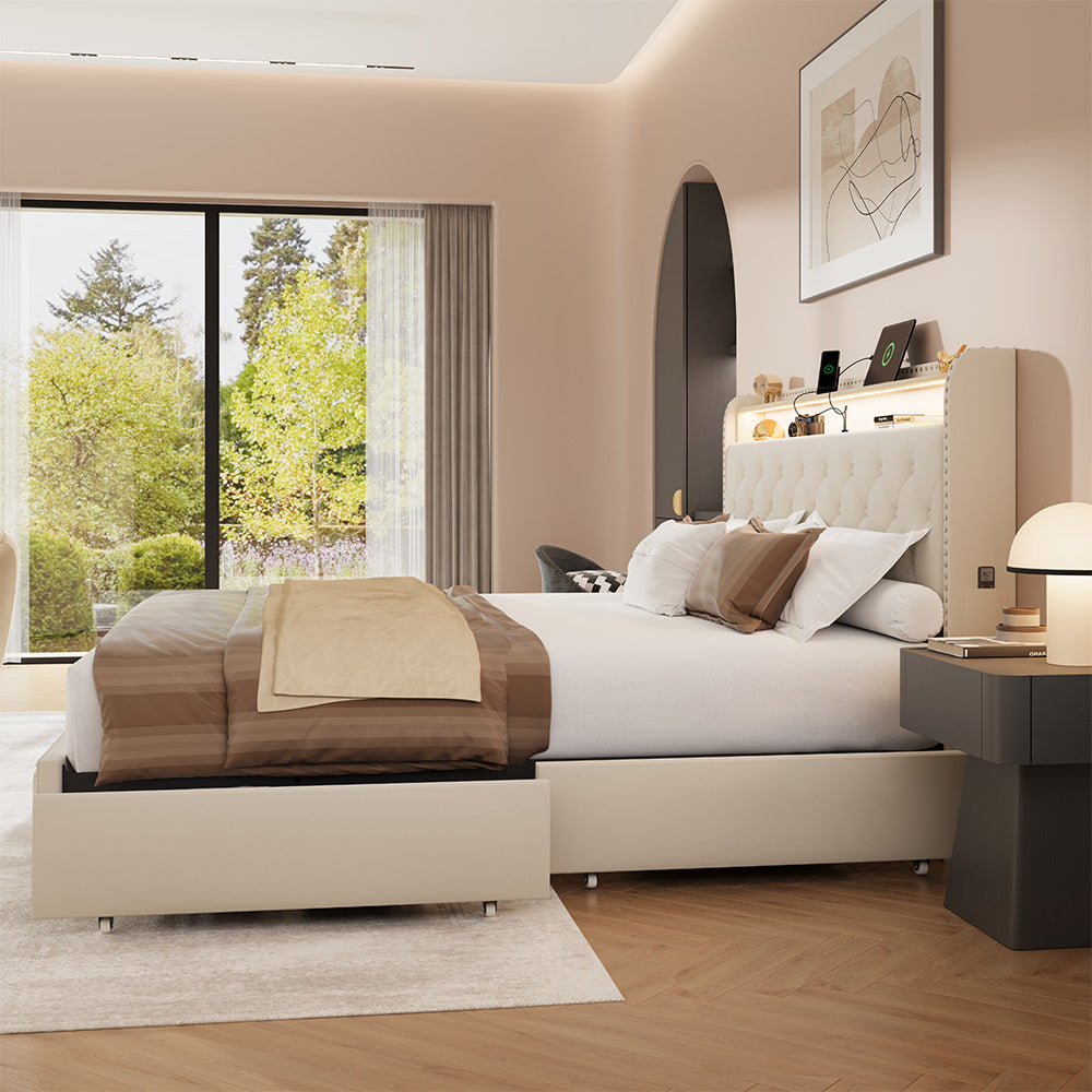 Larmace Bed Frame with 4 Drawers and Storage Headboard, Upholstered LED Bed Frame with Type-C & USB Charging Station, Velvet Platform Bed with Storage, No Box Spring Needed