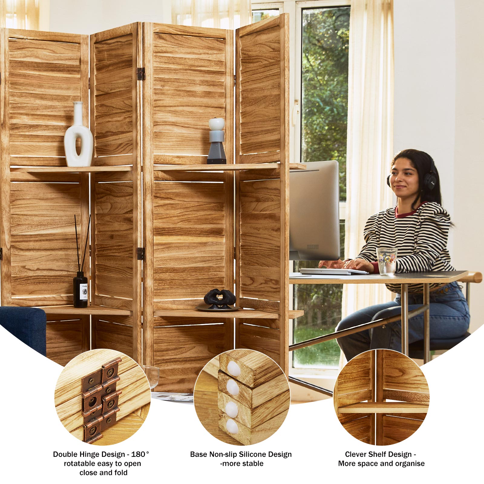 SYLO 5.6ft Folding Wood Room Divider with Shelves