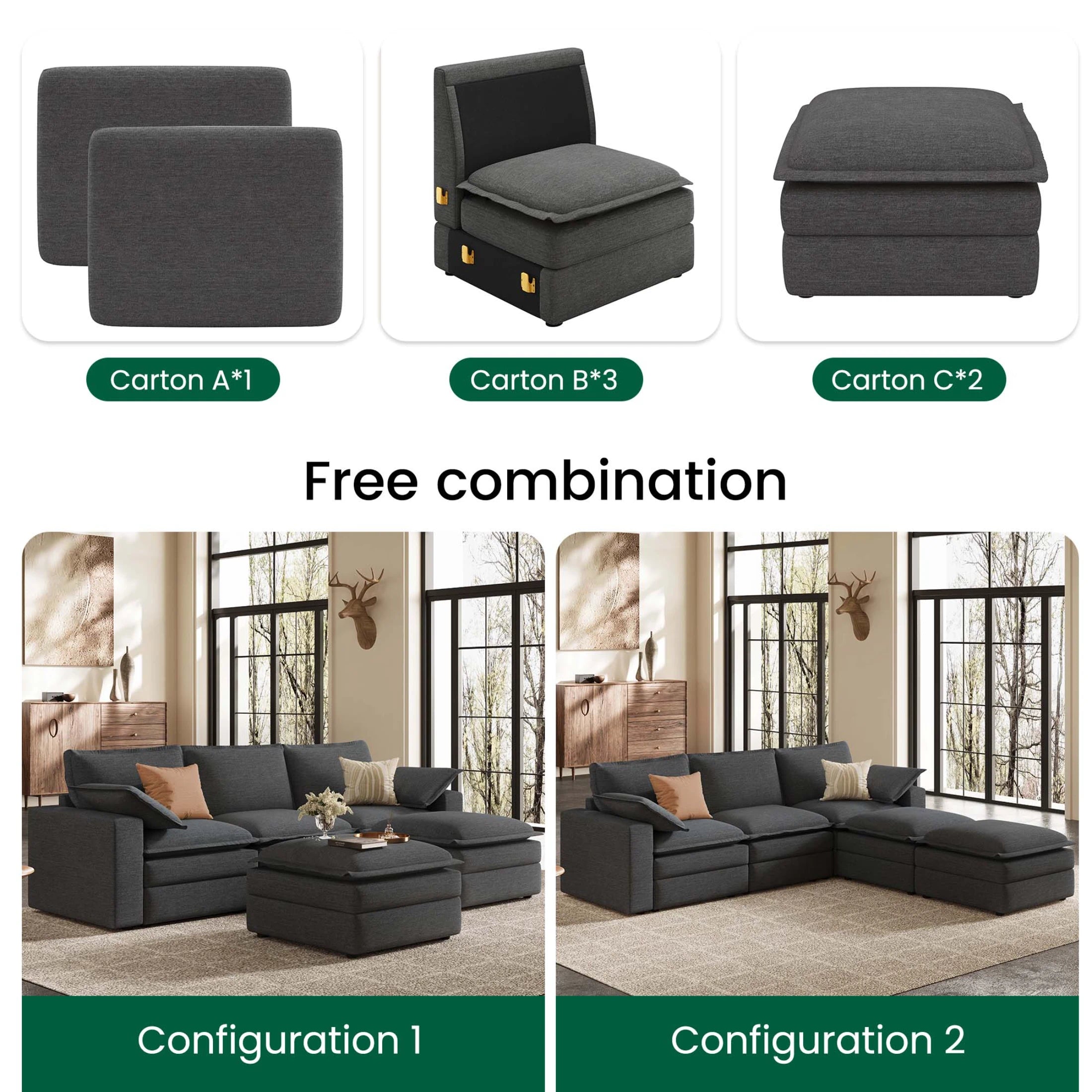 Densa U-Shaped Sectional Cloud Sofa | 3-4 Seater | Spring Cushion |97"-125"