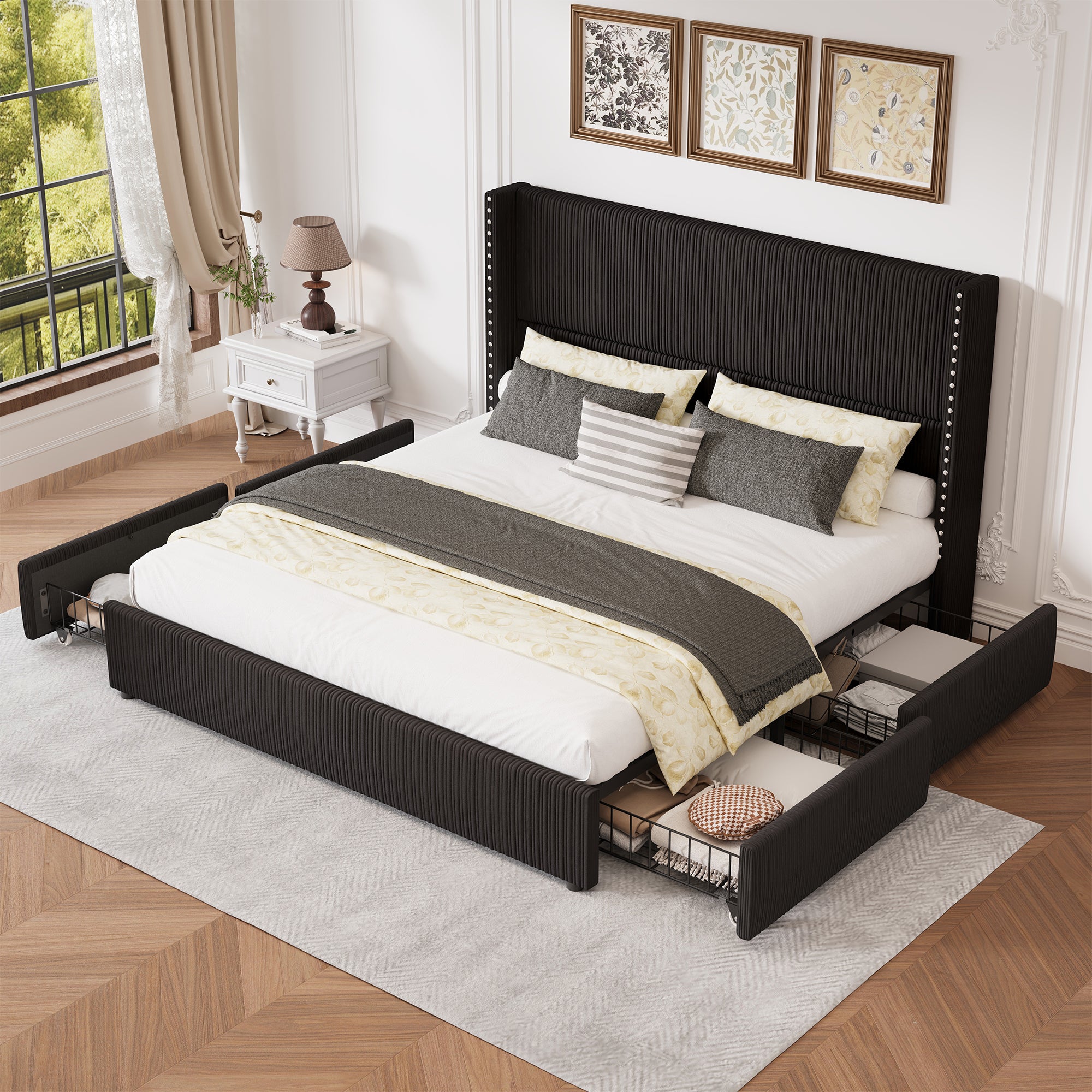 Elysia Upholstered Storage Bed Frame,with Nailhead Trim and 48" Tall Wingback Headboard