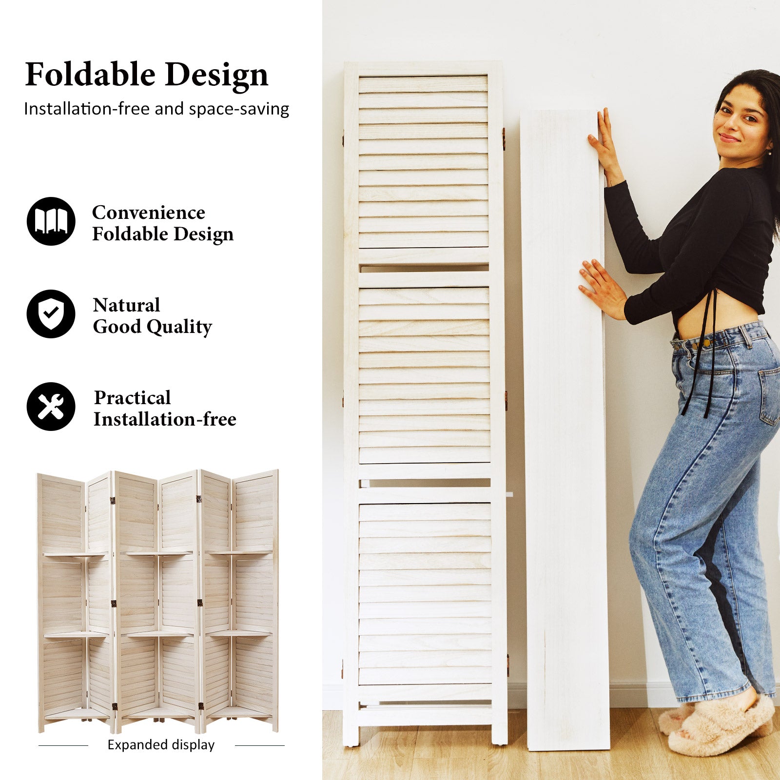 SYLO 5.6ft Folding Wood Room Divider with Shelves