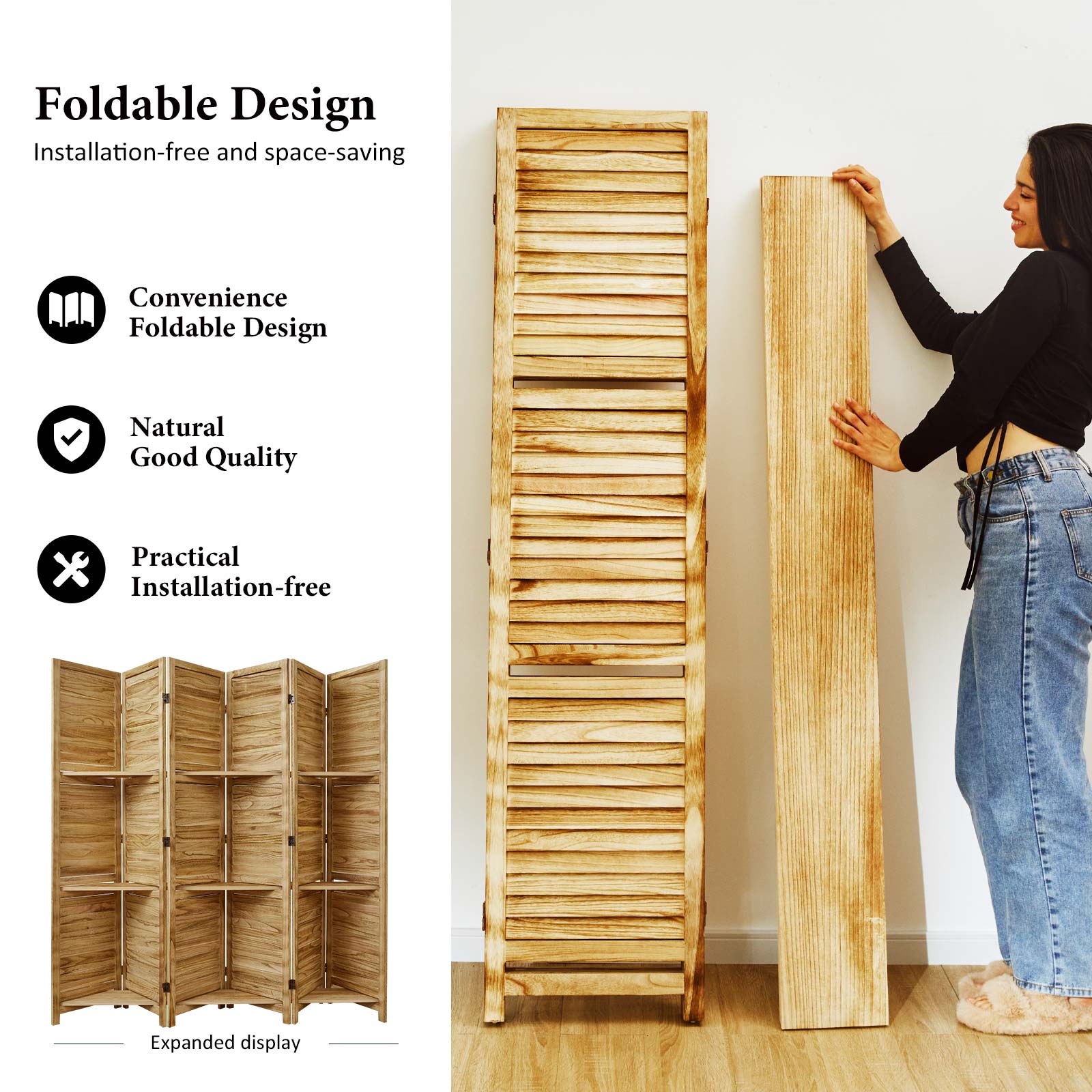SYLO 5.6ft Folding Wood Room Divider with Shelves