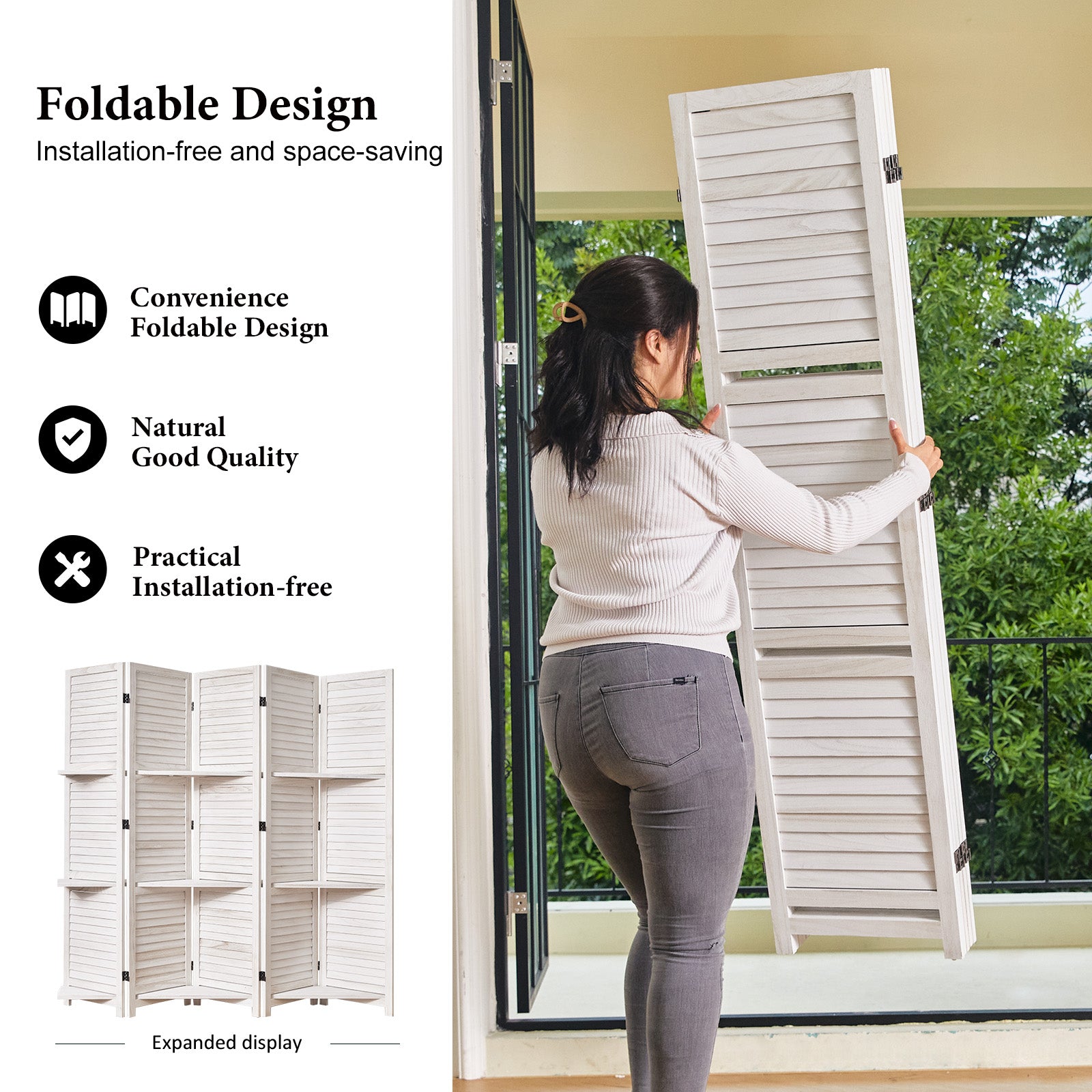 SYLO 5.6ft Folding Wood Room Divider with Shelves