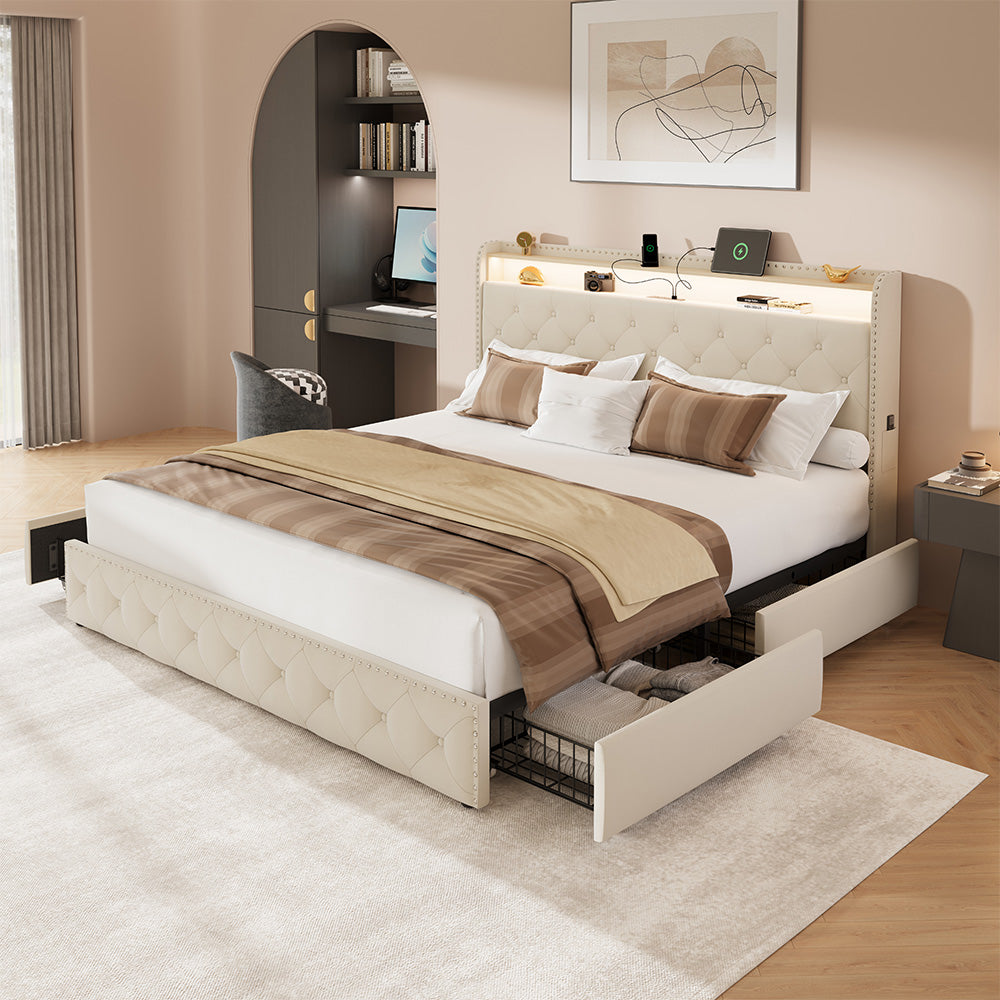 Larmace Bed Frame with 4 Drawers and Storage Headboard, Upholstered LED Bed Frame with Type-C & USB Charging Station, Velvet Platform Bed with Storage, No Box Spring Needed