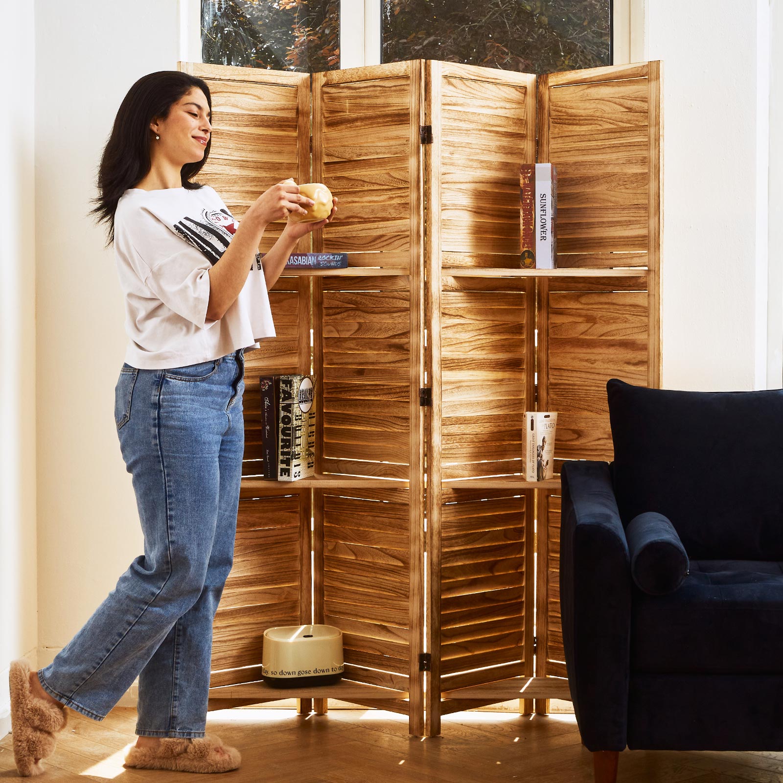 SYLO 5.6ft Folding Wood Room Divider with Shelves