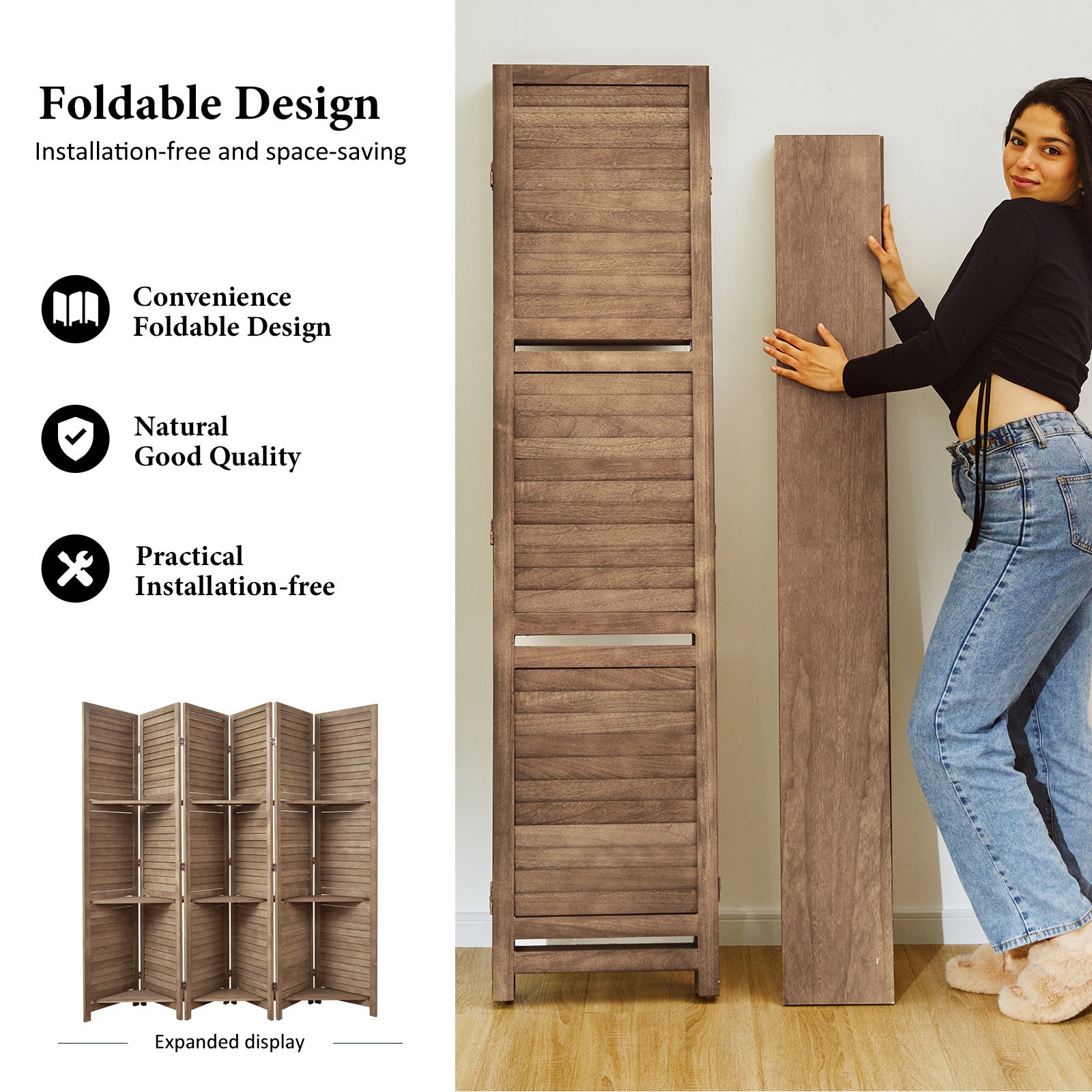 SYLO 5.6ft Folding Wood Room Divider with Shelves