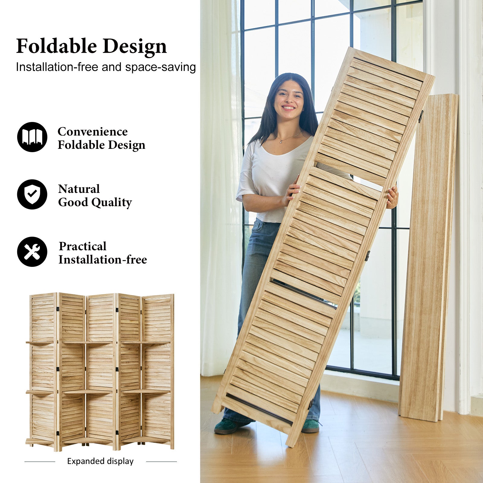 SYLO 5.6ft Folding Wood Room Divider with Shelves