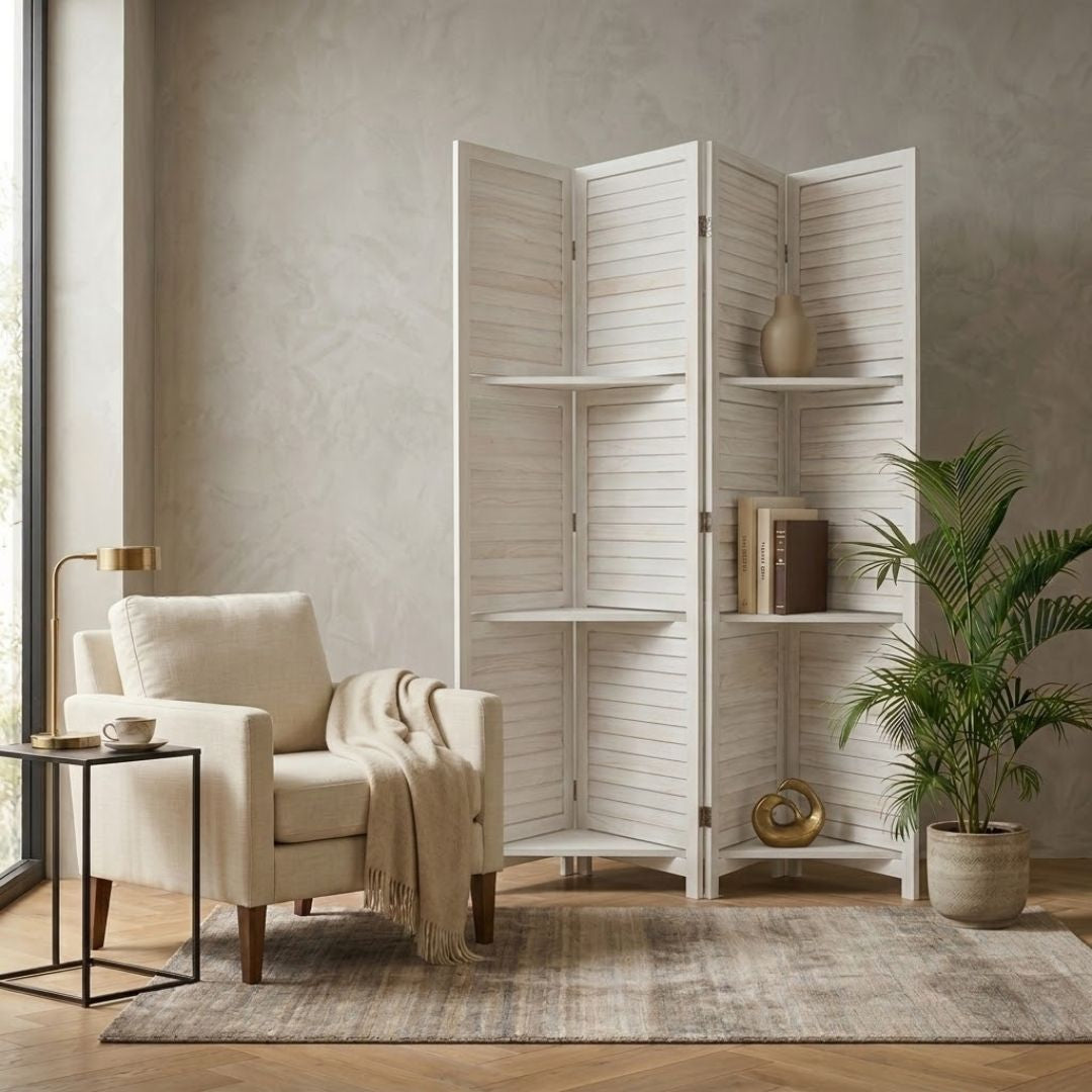 White folding screen with shelves in a room with a chair, side table, and plant.