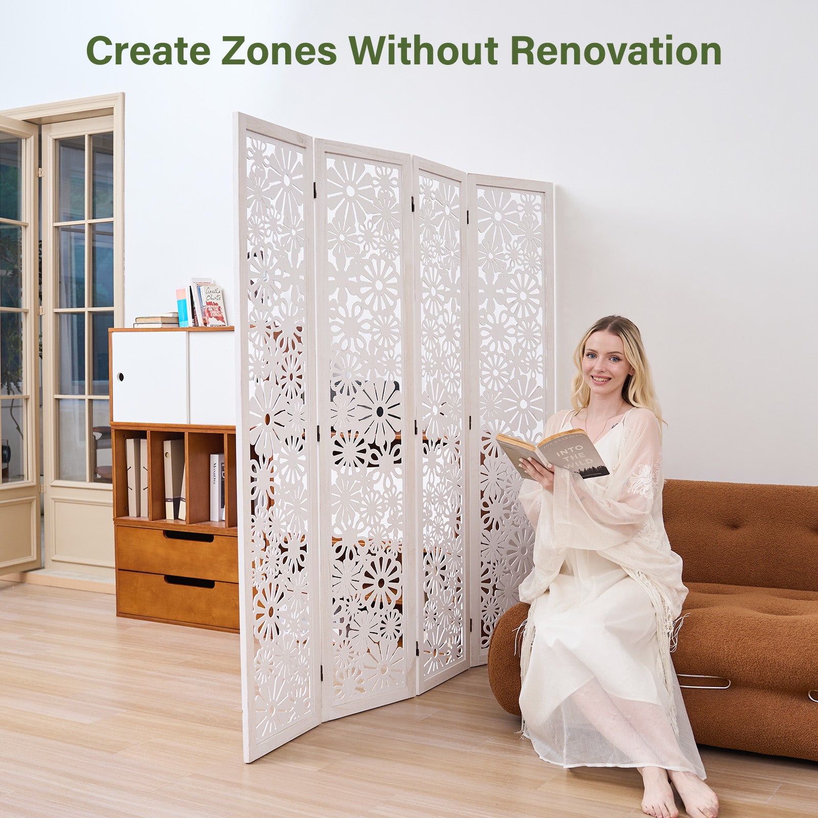Daisy 67" Floral Carved Wooden Room Divider