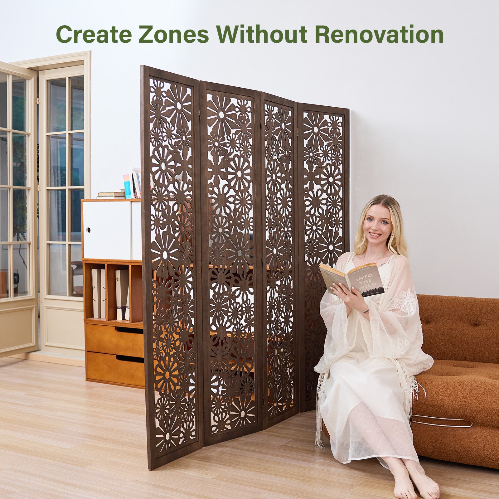 Daisy 67" Floral Carved Wooden Room Divider