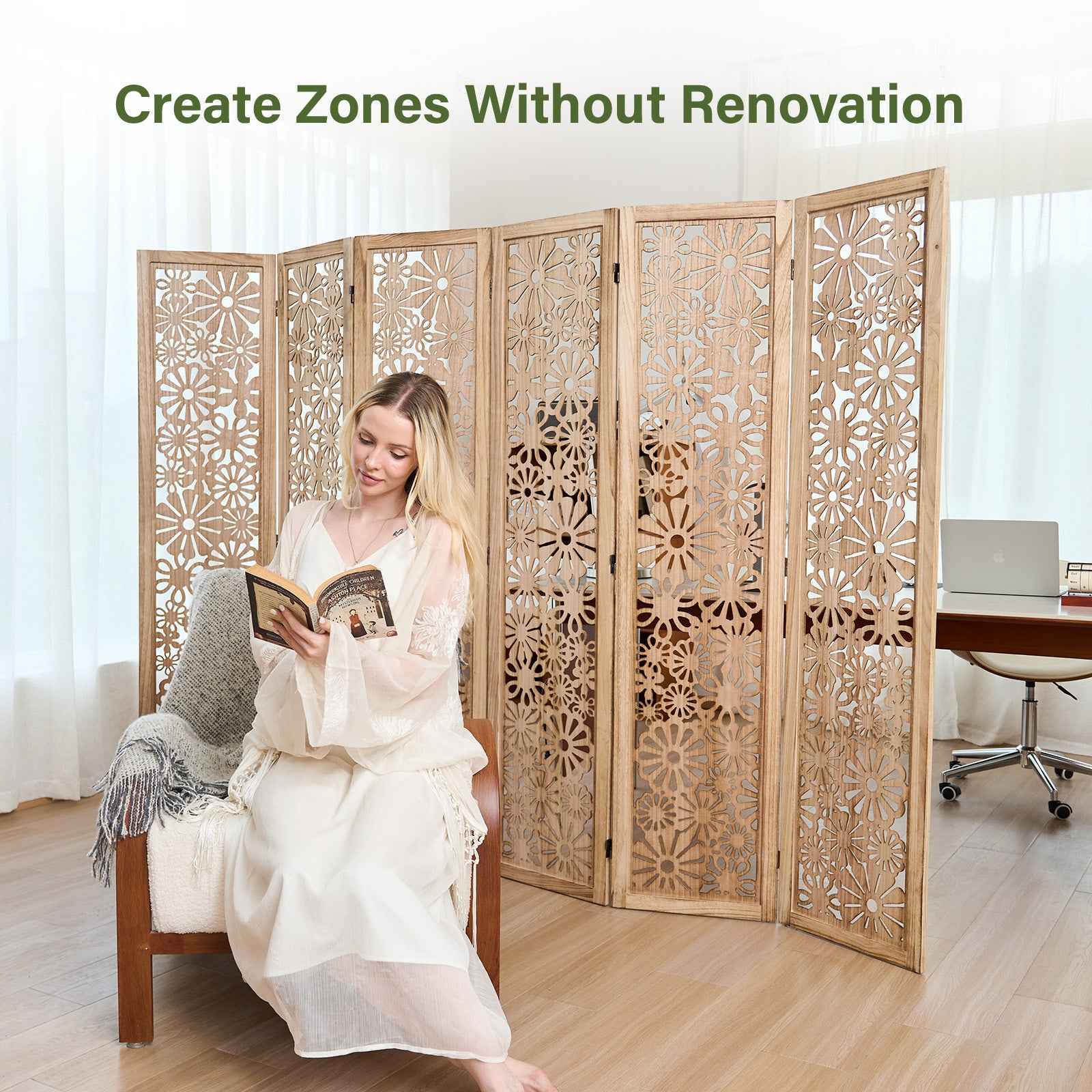Daisy 67" Floral Carved Wooden Room Divider