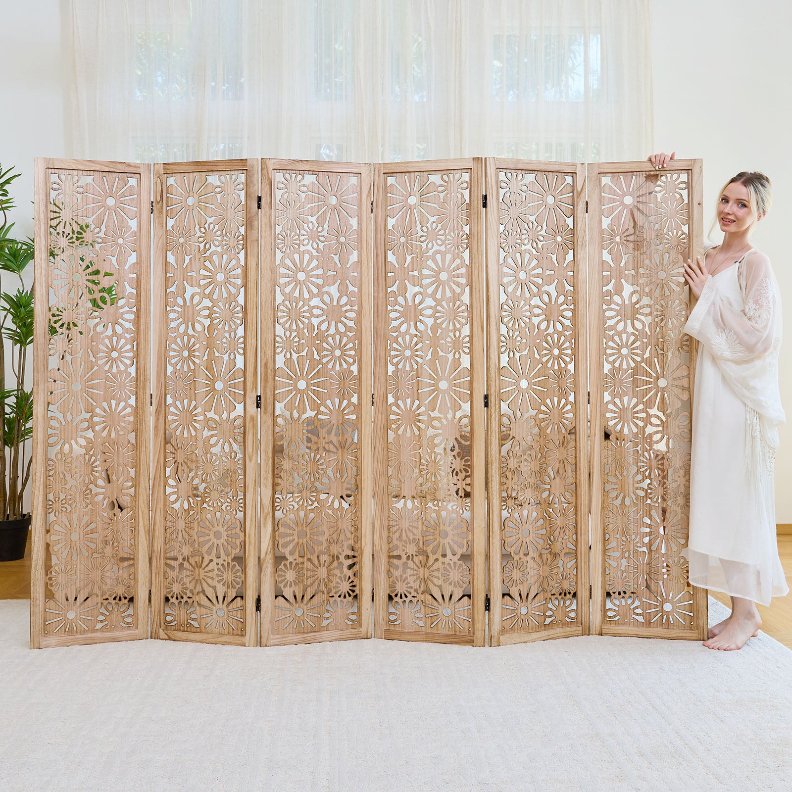 Daisy 67" Floral Carved Wooden Room Divider