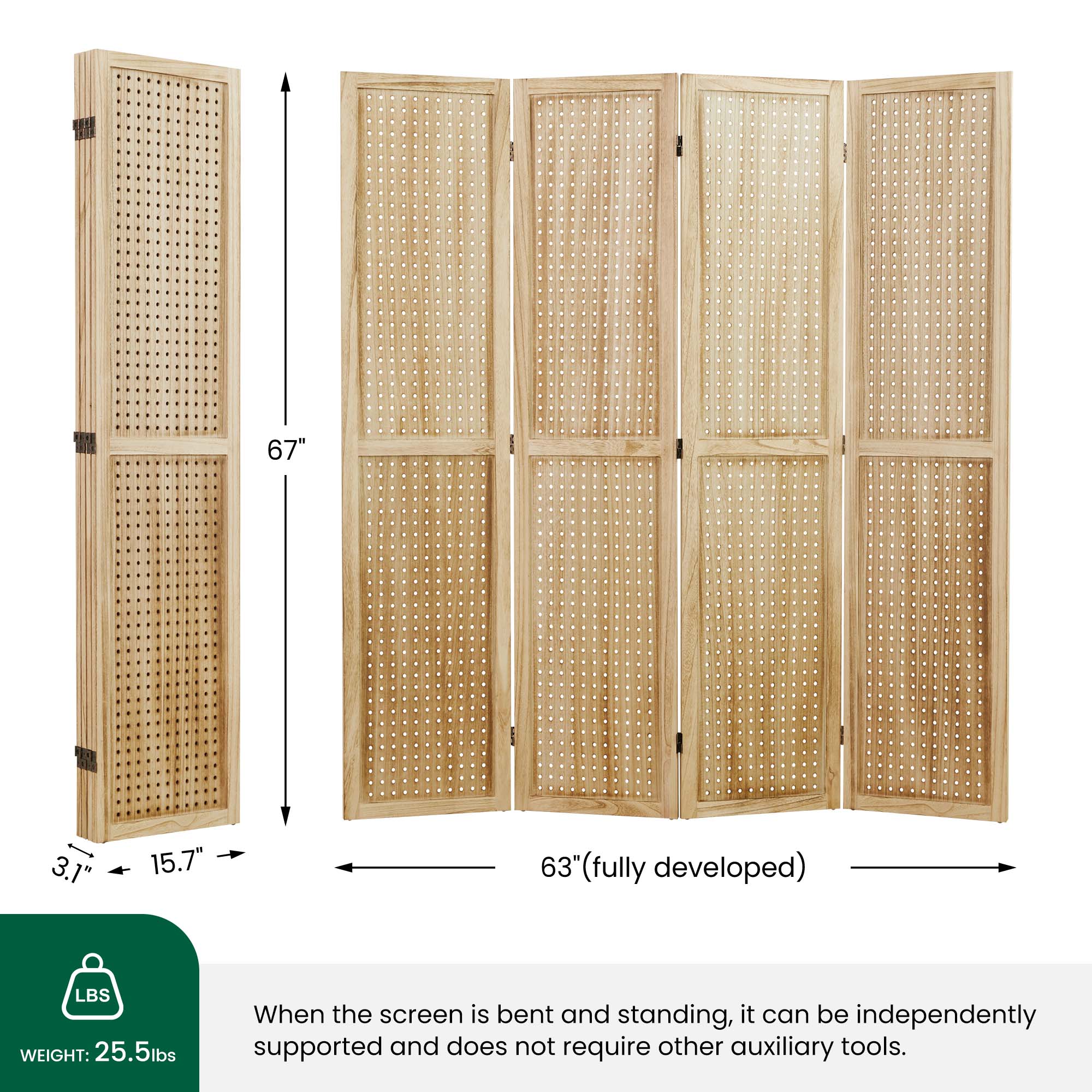 HOVA 66.8" Wooden Pegboard Room Divider