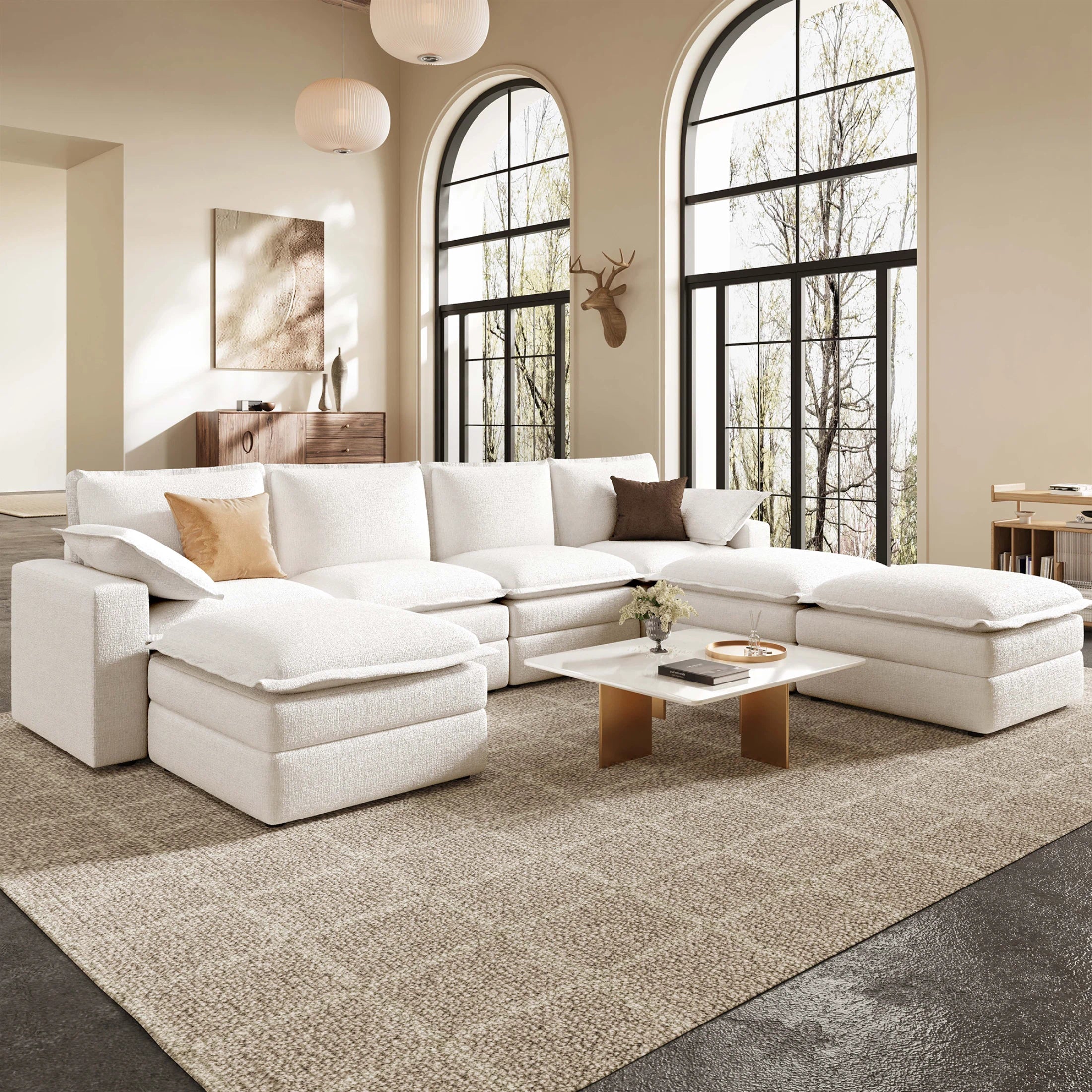 Expansive 7-seater modular cloud sectional with U-shape layout, 125 inch width.