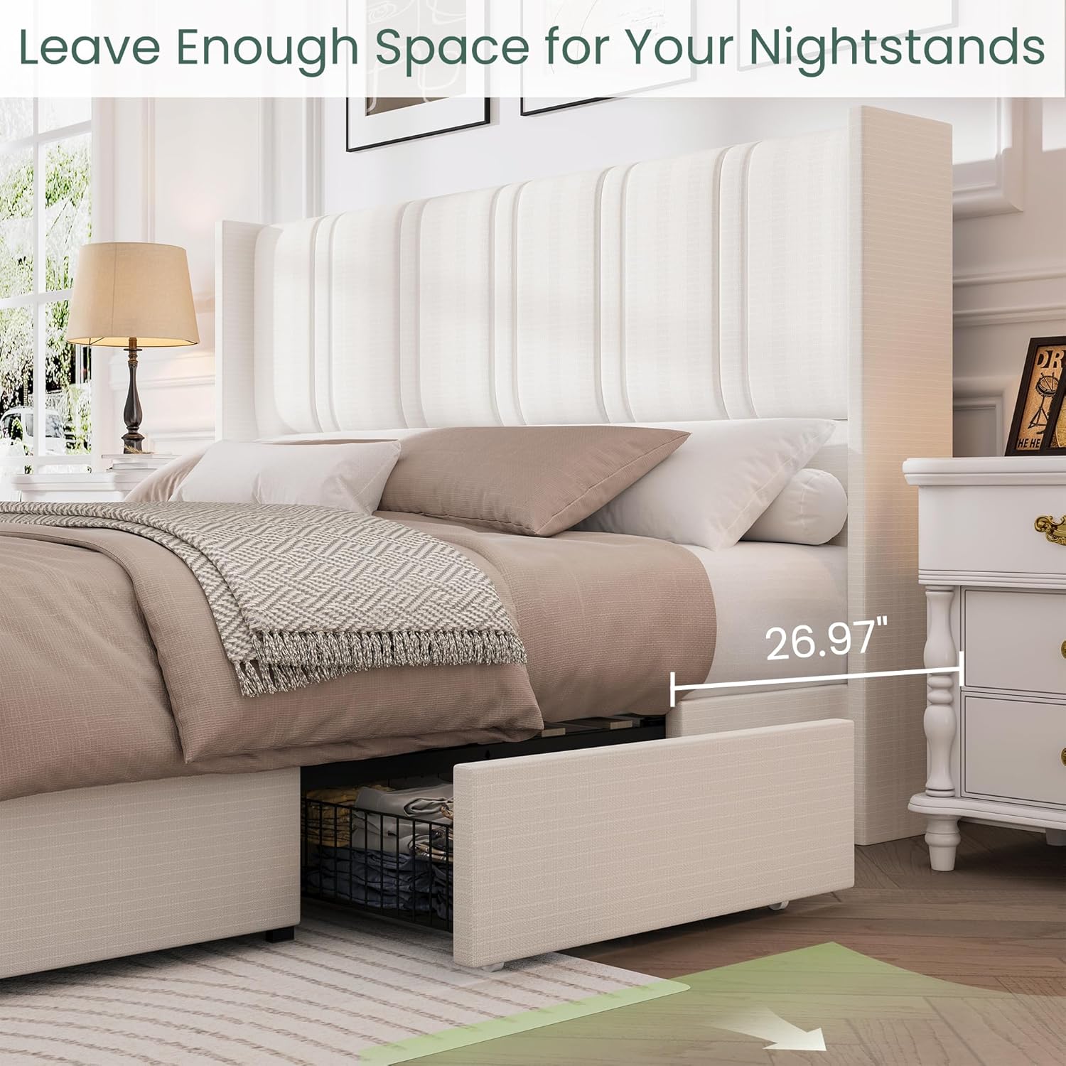 Bedroom setup with a bed and nightstands, showing the required space between them.