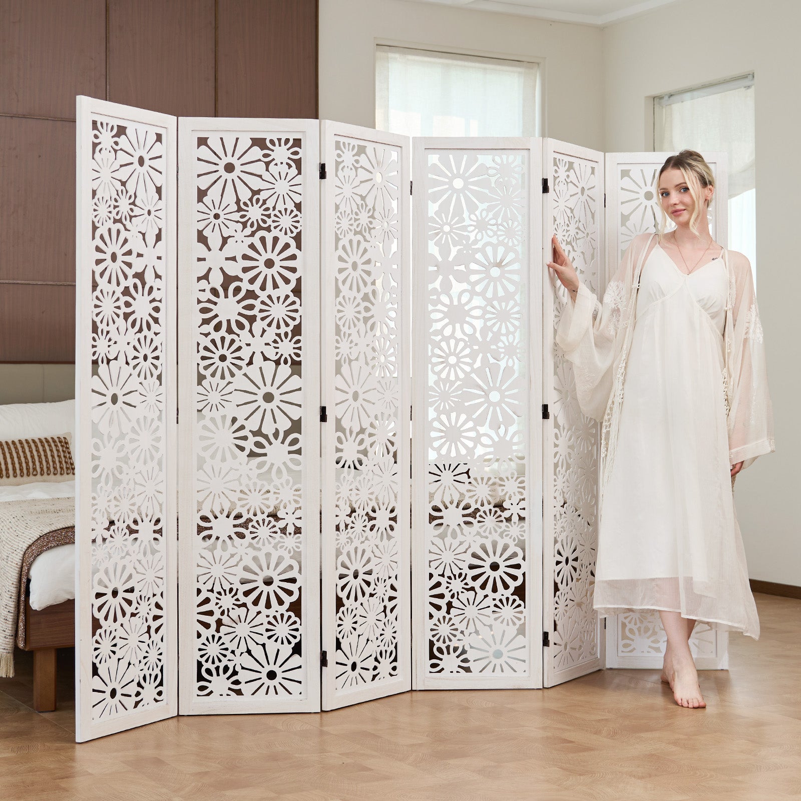 Daisy 67" Floral Carved Wooden Room Divider