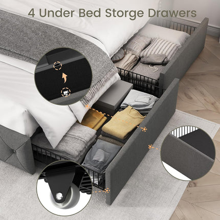 Korall Linen Upholstered Platform Bed Frame with Storage