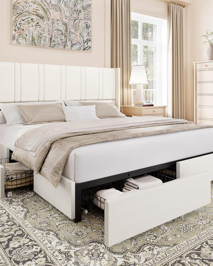 Modro Linen Upholstered Platform Bed Frame with 4 Storage Drawer