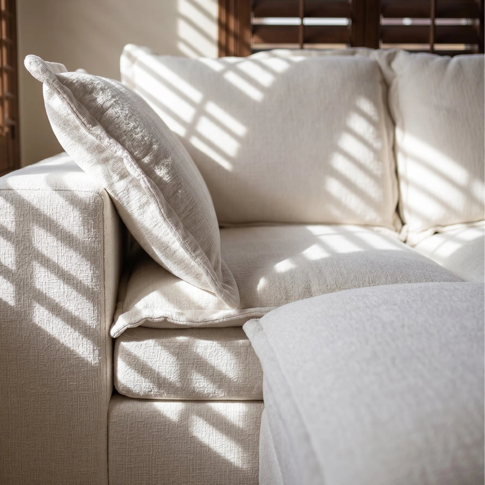Beige sofa with white pillows in a room with sunlight filtering through blinds.