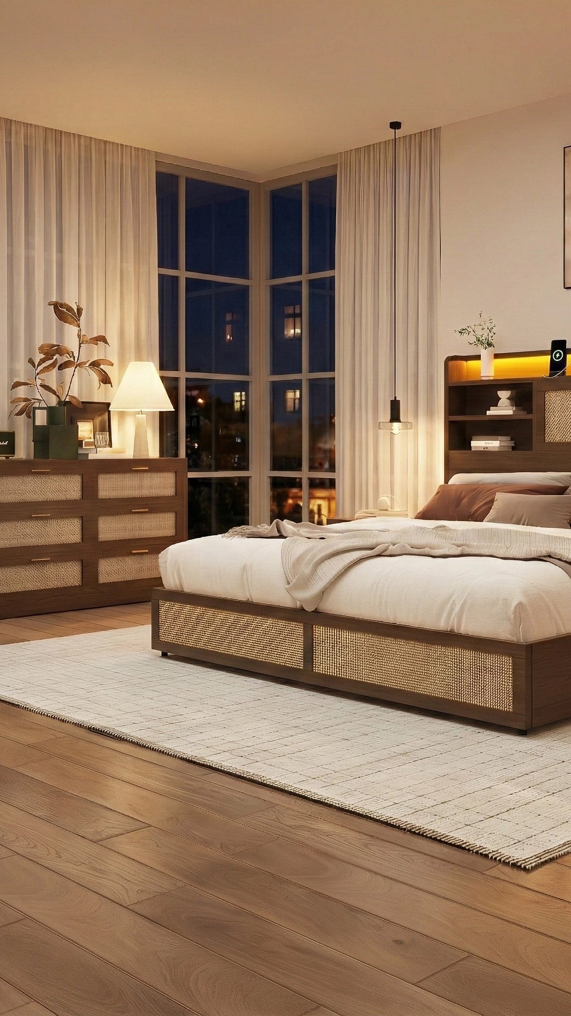 Modern bedroom with wooden bed, shelves, and decor