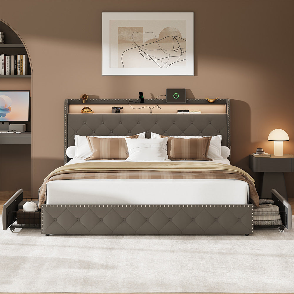 Larmace Bed Frame with 4 Drawers and Storage Headboard, Upholstered LED Bed Frame with Type-C & USB Charging Station, Velvet Platform Bed with Storage, No Box Spring Needed