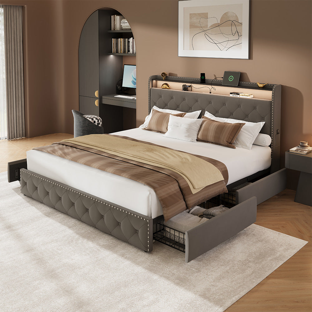 Larmace Bed Frame with 4 Drawers and Storage Headboard, Upholstered LED Bed Frame with Type-C & USB Charging Station, Velvet Platform Bed with Storage, No Box Spring Needed