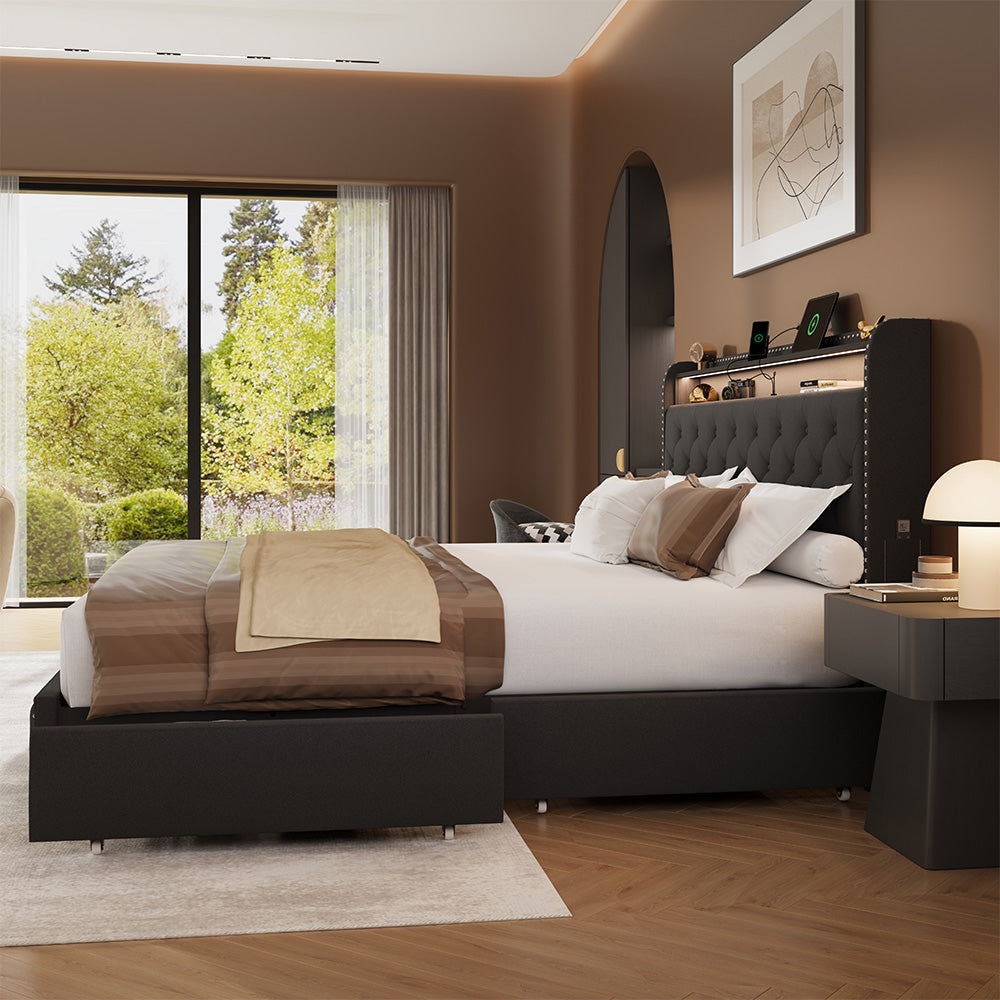 Larmace Bed Frame with 4 Drawers and Storage Headboard, Upholstered LED Bed Frame with Type-C & USB Charging Station, Velvet Platform Bed with Storage, No Box Spring Needed