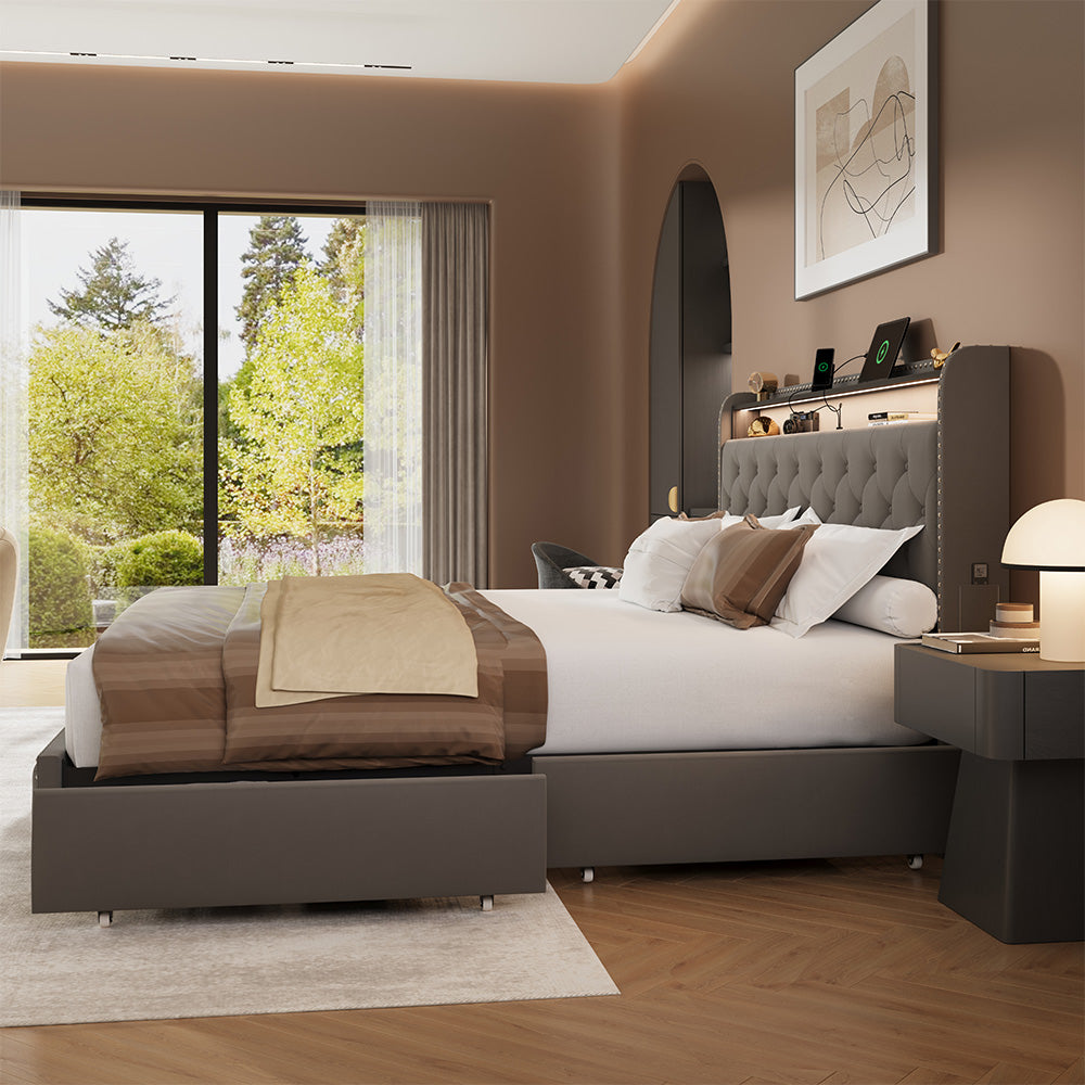 Larmace Bed Frame with 4 Drawers and Storage Headboard, Upholstered LED Bed Frame with Type-C & USB Charging Station, Velvet Platform Bed with Storage, No Box Spring Needed