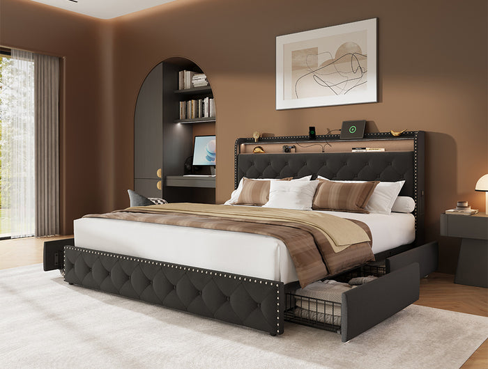 Larmace Bed Frame with 4 Drawers and Storage Headboard, Upholstered LED Bed Frame with Type-C & USB Charging Station, Velvet Platform Bed with Storage, No Box Spring Needed Black