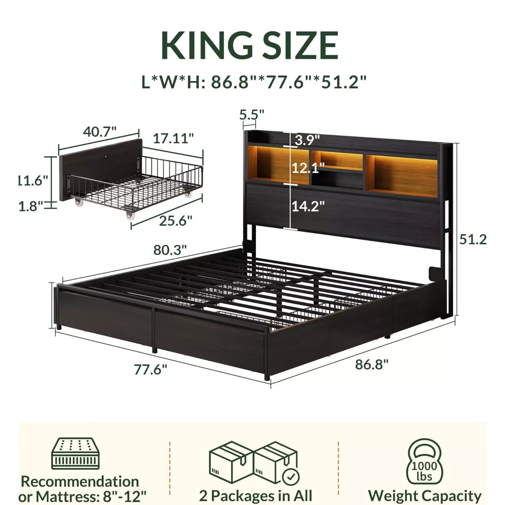 Strato King Size Wood Bed Frame Storage Headboard with Charging Station and 6 Drawers