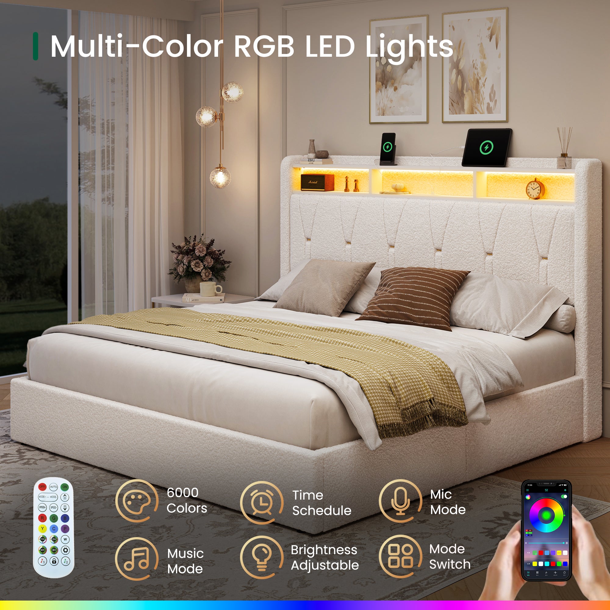 Covae Boucle Bed Frame with Storage Headboard,LED Lights,Charging ports and Underbed Drawers