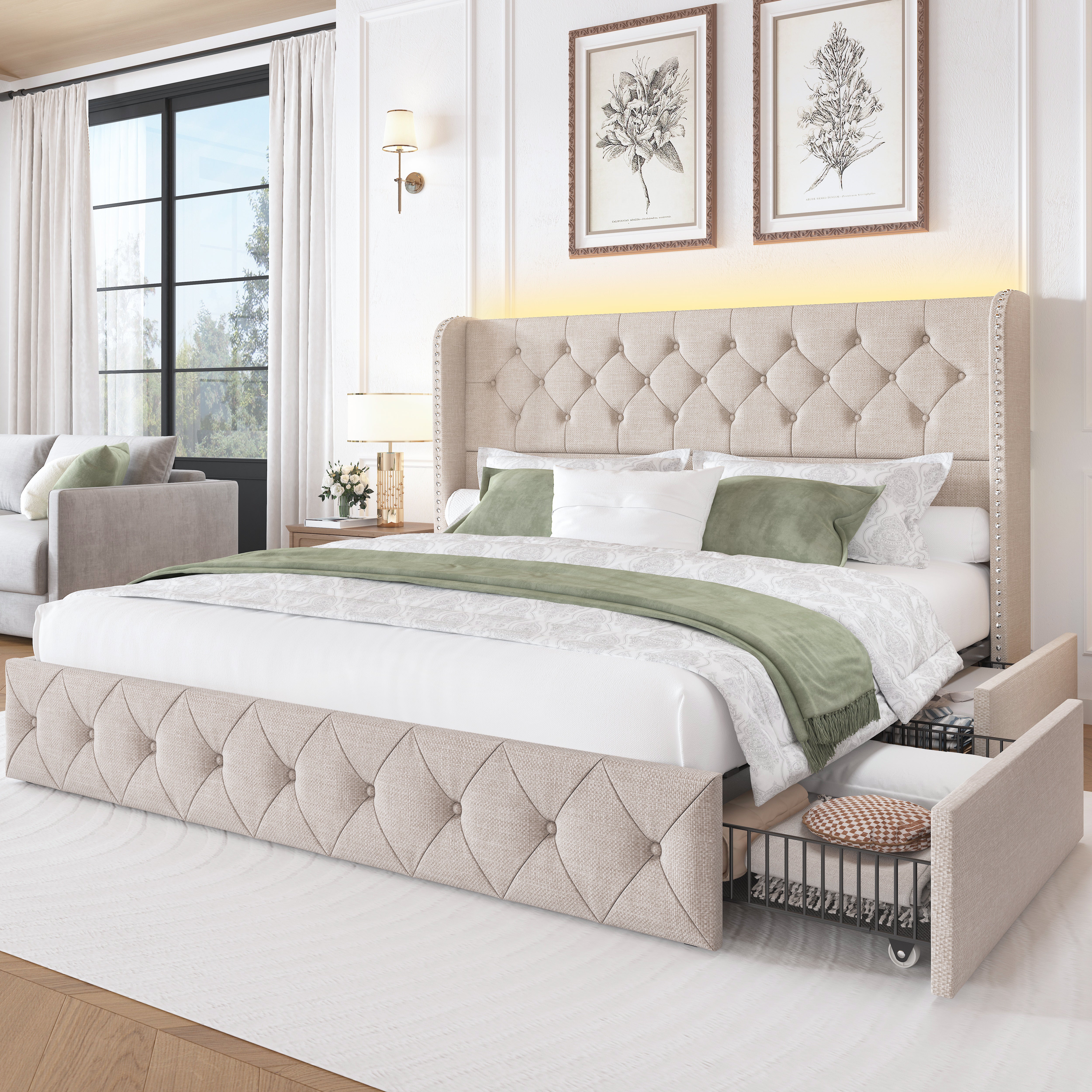 Korav Upholstered Bed Frame with Storage Drawers and LED lights