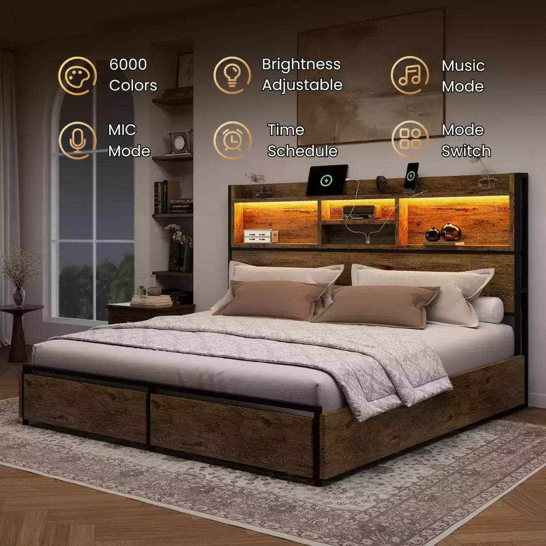 Strato Wood Bed Frame Storage Headboard with Charging Station and 6 Drawers