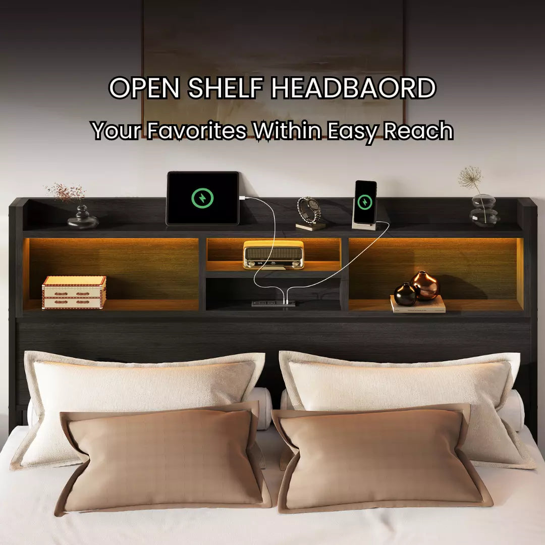 Strato Wood Bed Frame Storage Headboard with Charging Station and 6 Drawers