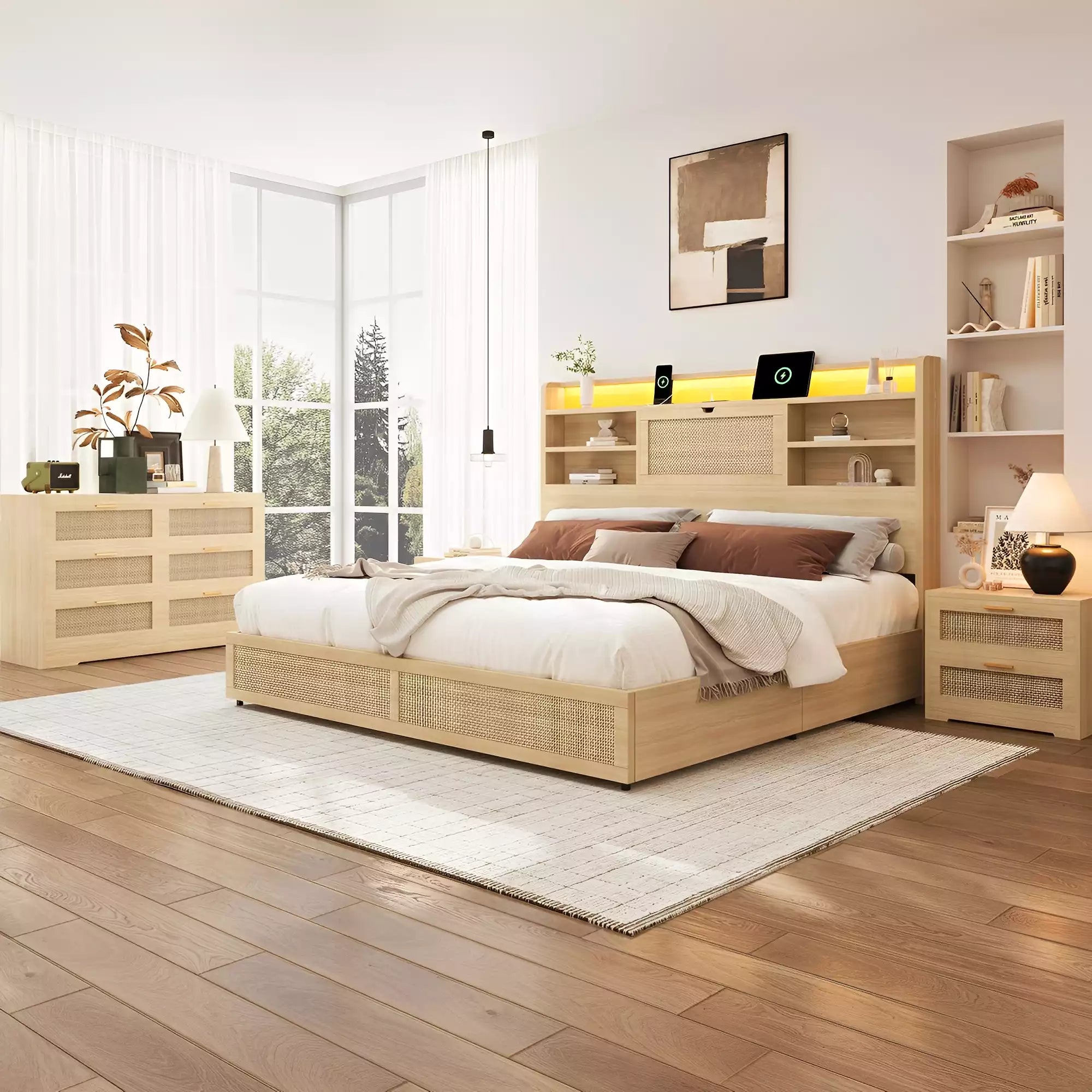 Boho Chic Rattan Storage Bookcase Bed Frame