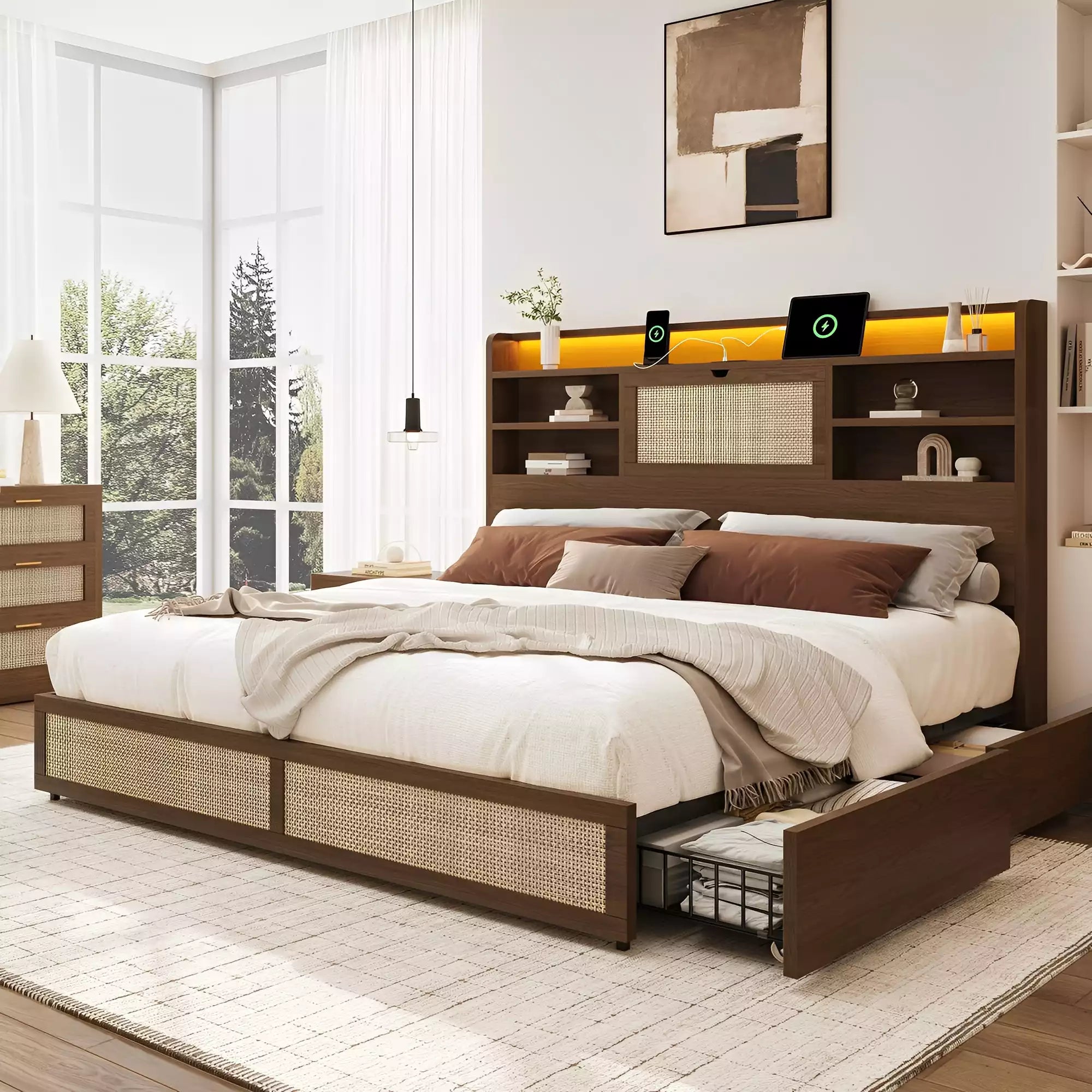 Boho Chic Rattan Storage Bookcase Bed Frame