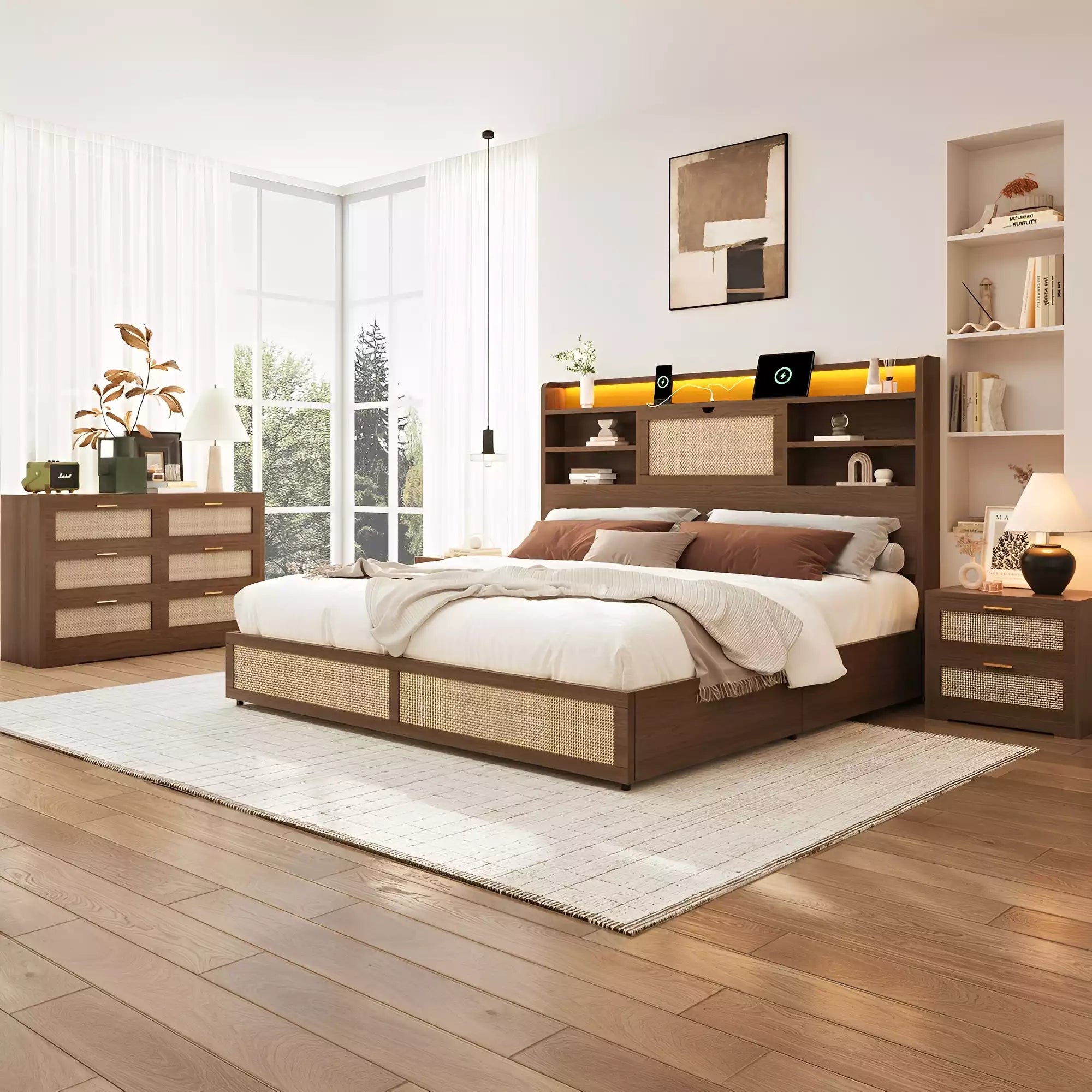 Boho Chic Rattan Storage Bookcase Bed Frame (Walnut)