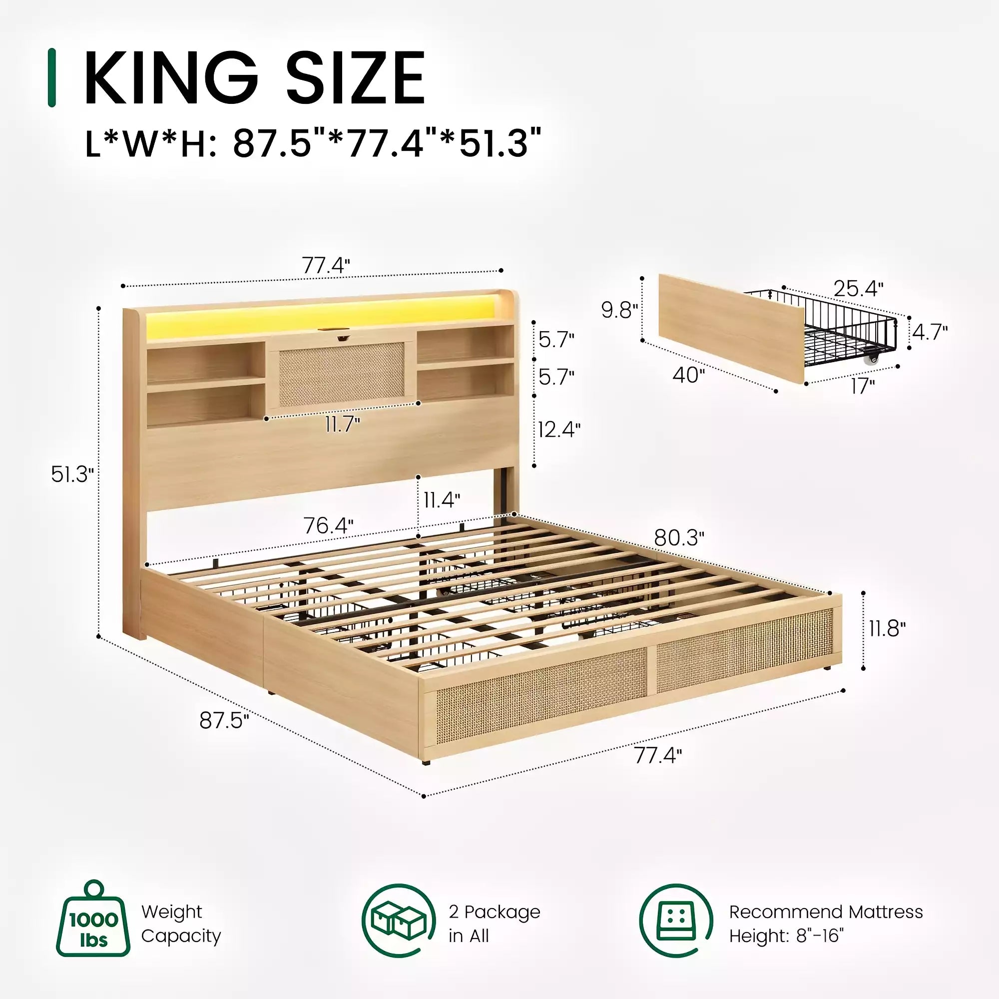 Boho Chic Rattan Storage Bookcase Bed Frame